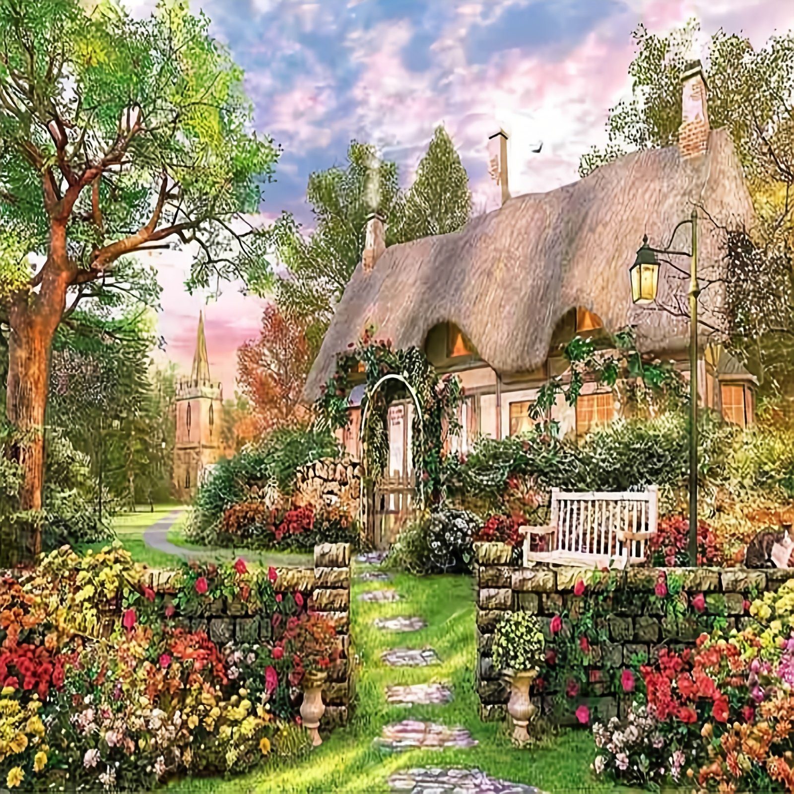 Malen nach Zahlen BASTELIDEE 5d Diamond Painting Set DIY Motiv Landhaus im Blumengarten