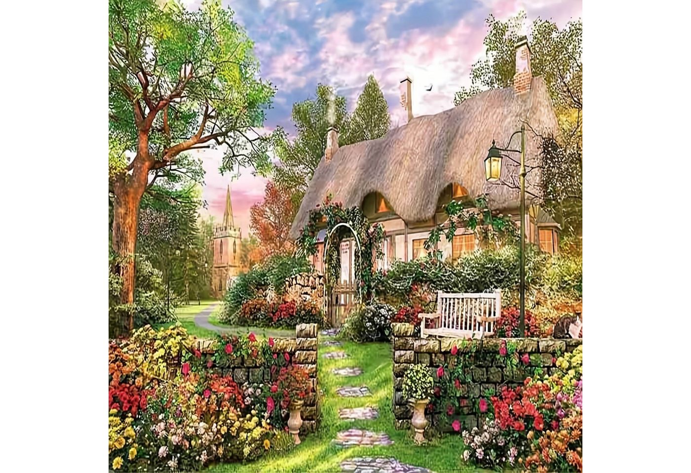 Rötting Design Malen nach Zahlen Diamond Painting Set 5D DIY Motiv Landhaus im Blumengarten (Komplett-Set), Diamond Painting Vollbild, Lieferung enthält alle Utensilien