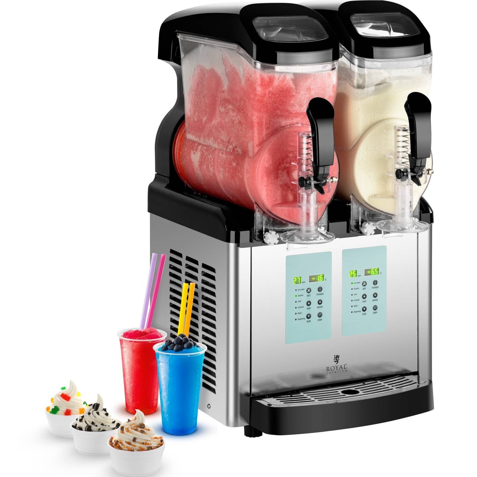 Royal Catering Slush Maker Slush-Maschine - 2 x 6 Liter - -20 °C - Ice-Cream-Funktion, Stahl, Kunststoff (Polycarbonat)