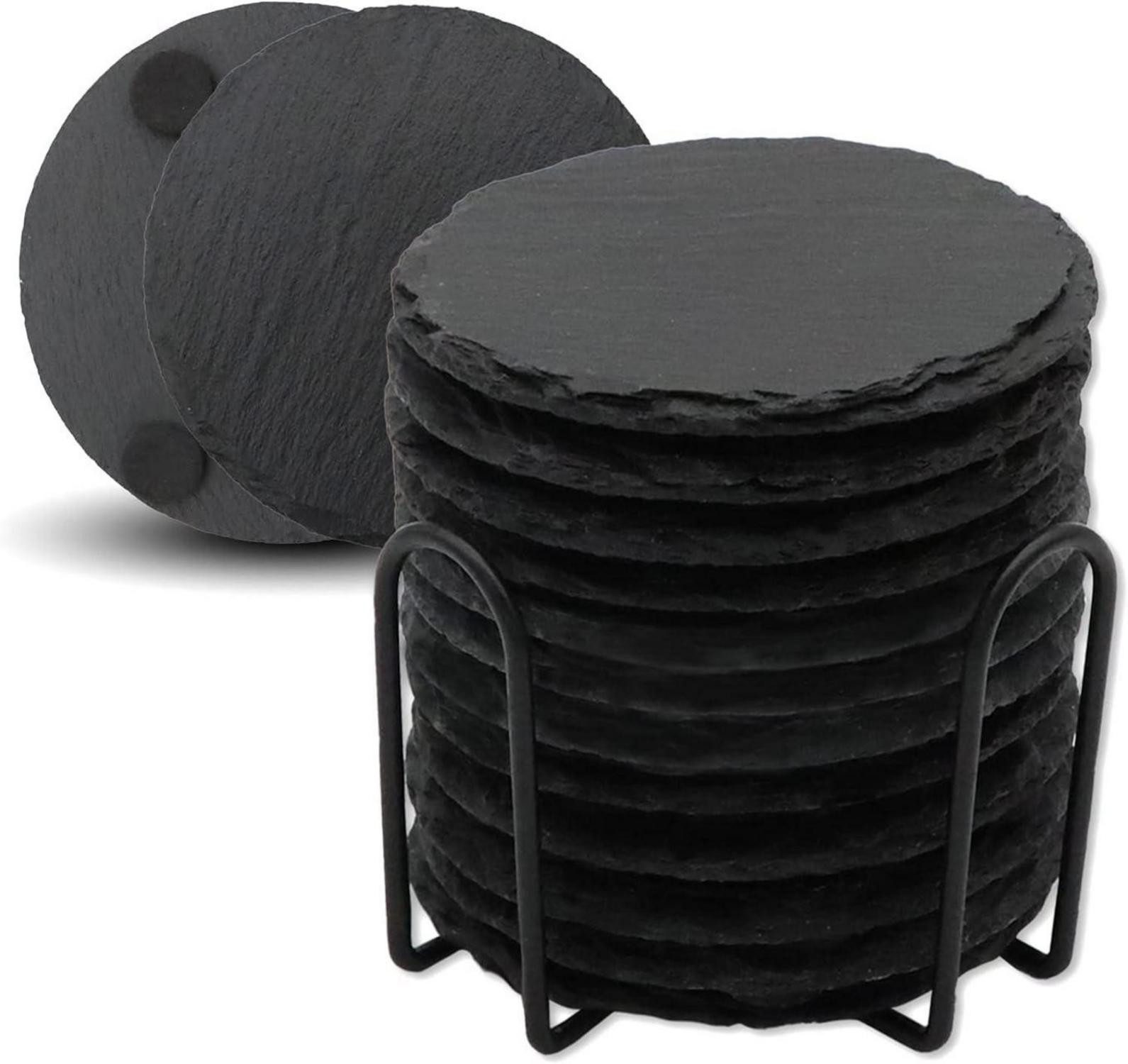 Küchenorganizer-Set 12er Set Schiefer Untersetzer Rund mit Halter, 10,2 cm Schwarz