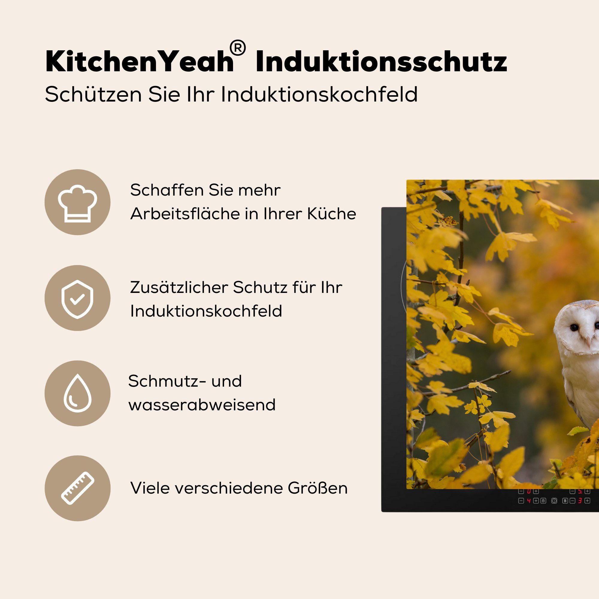 MuchoWow Herdblende-/Abdeckplatte - (1 küche tlg), für Vogel Vinyl, Eule 78x78 Ceranfeldabdeckung, Herbst, Arbeitsplatte - cm