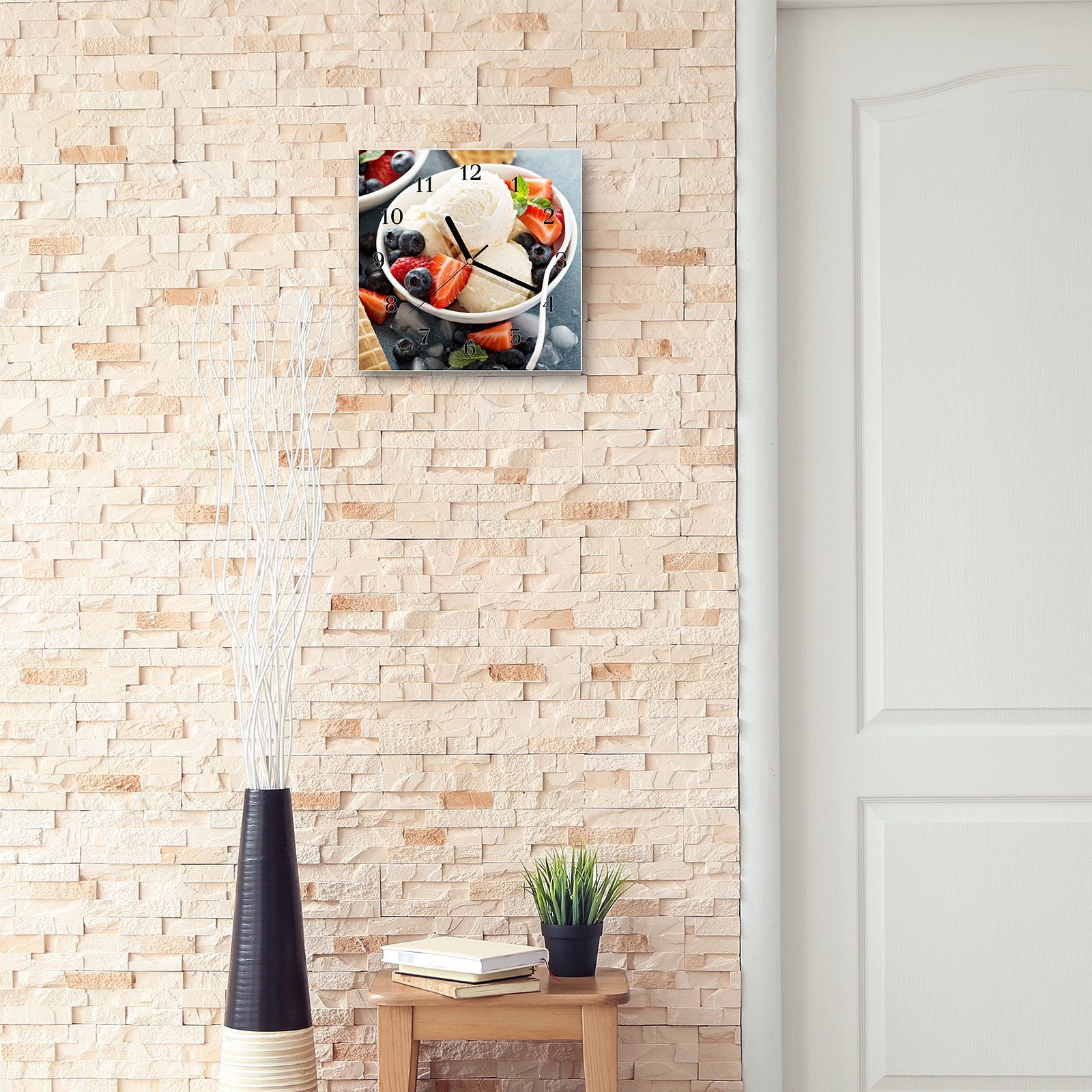Primedeco Wanduhr Glasuhr Wanduhr Wandkunst Früchte mit cm x 30 Motiv und 30 Vanilleeis Größe