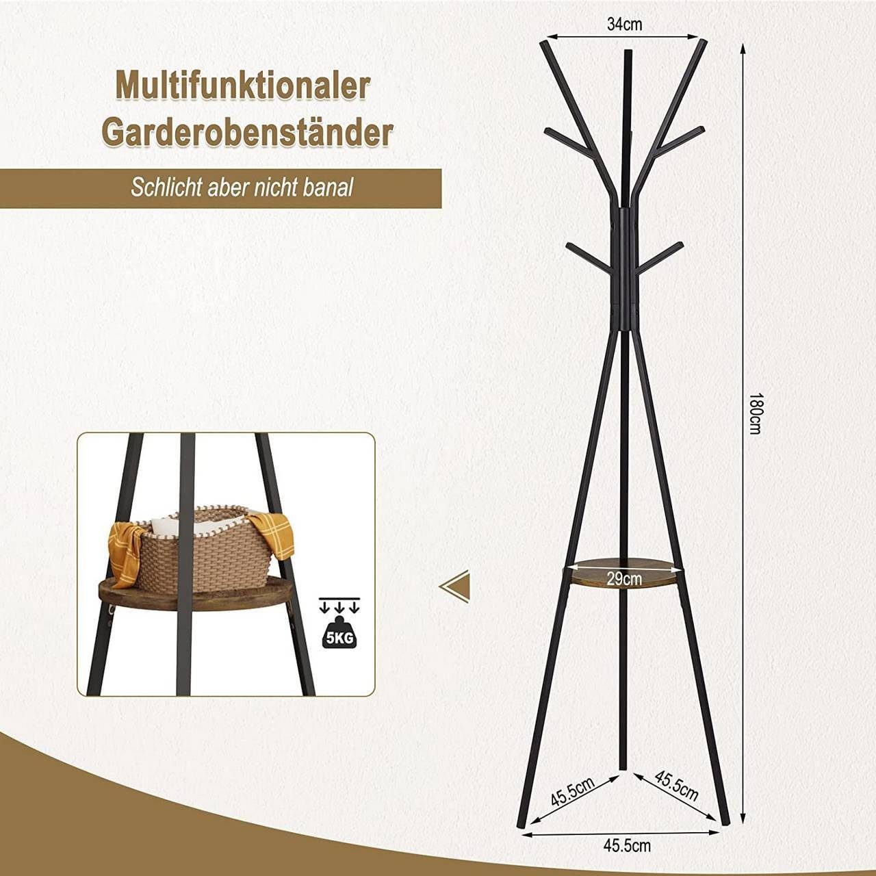 Woltu Kleiderständer, (1 St), mit 9 Haken und 1 Ablage, für Kleidung Hüte Taschen