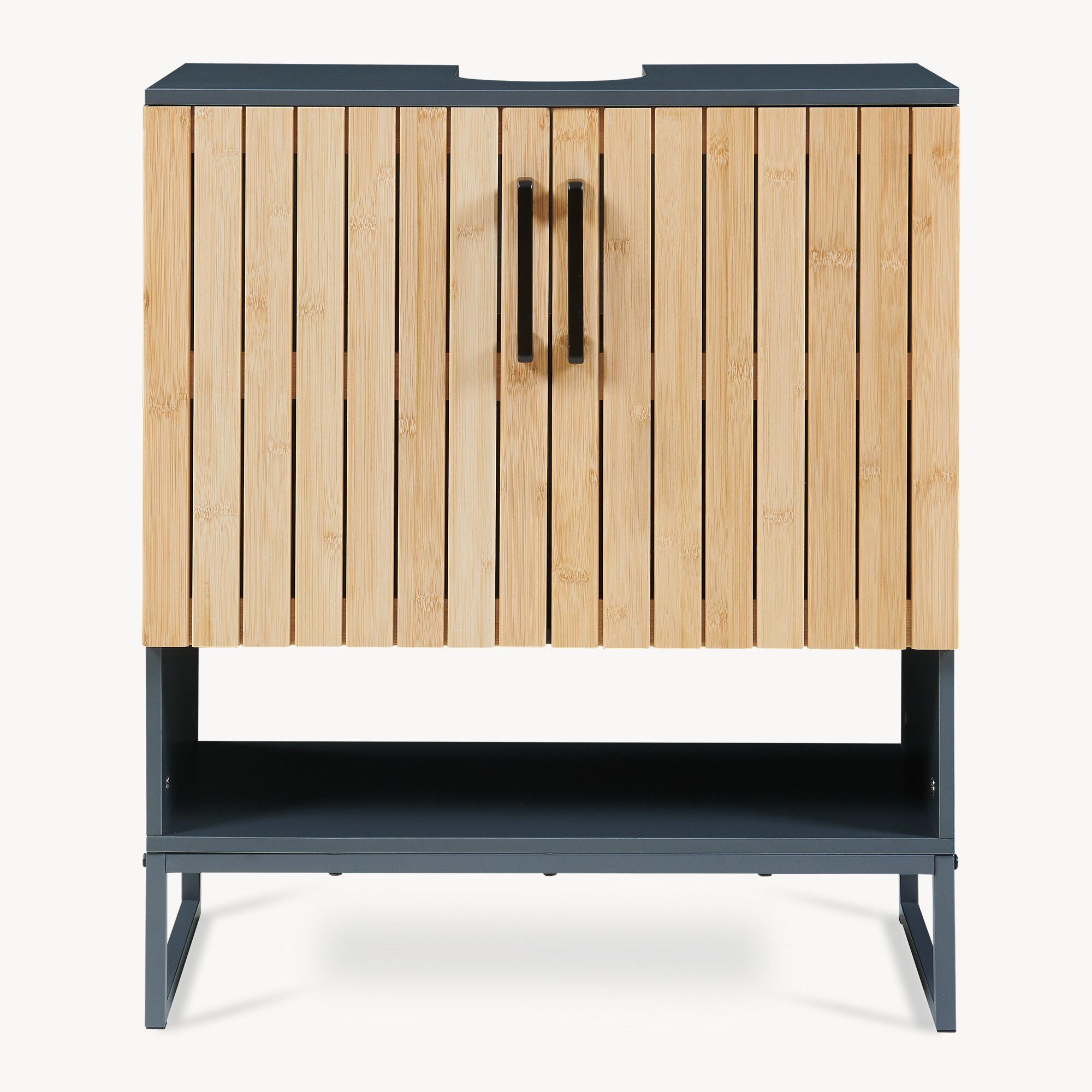 en.casa Waschbeckenunterschrank »Svanes« 70x60x30 cm 2 Innenfächer 1 offenes Fach Dunkelgrau/Natur – Bild 5 von 5