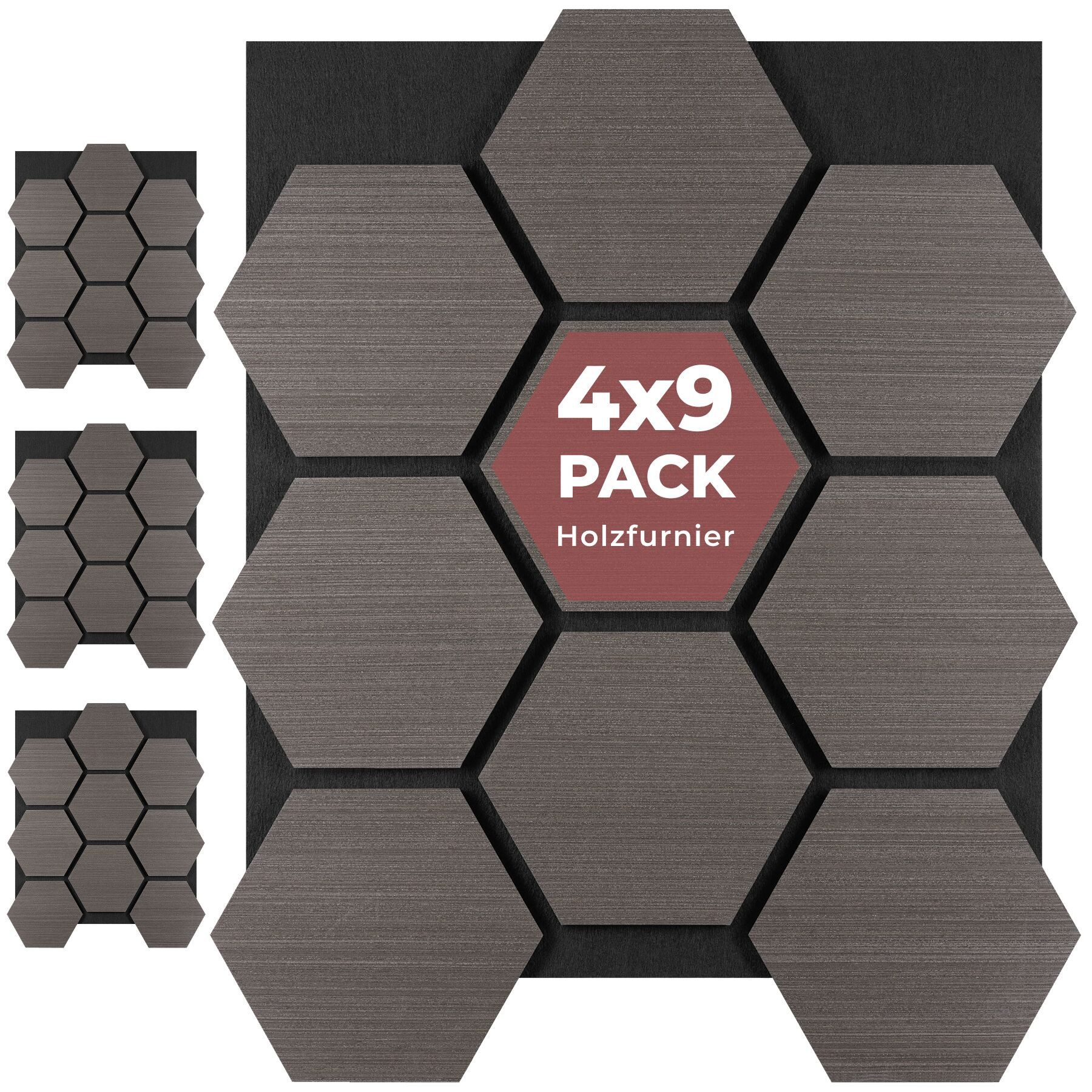 tectake Wandpaneel Akustikpaneele aus MDF und Echtholzfurnier, je 76 x 62 x 1,8 cm, BxL: 62x76 cm, 0.47 qm, (Schallschutzplatten mit Wabenmuster Sonic Shield, 4-tlg., Holzoptik in Eiche grau) schallabsorbierender Filz, einfache Montage mit Kleber oder Schrauben