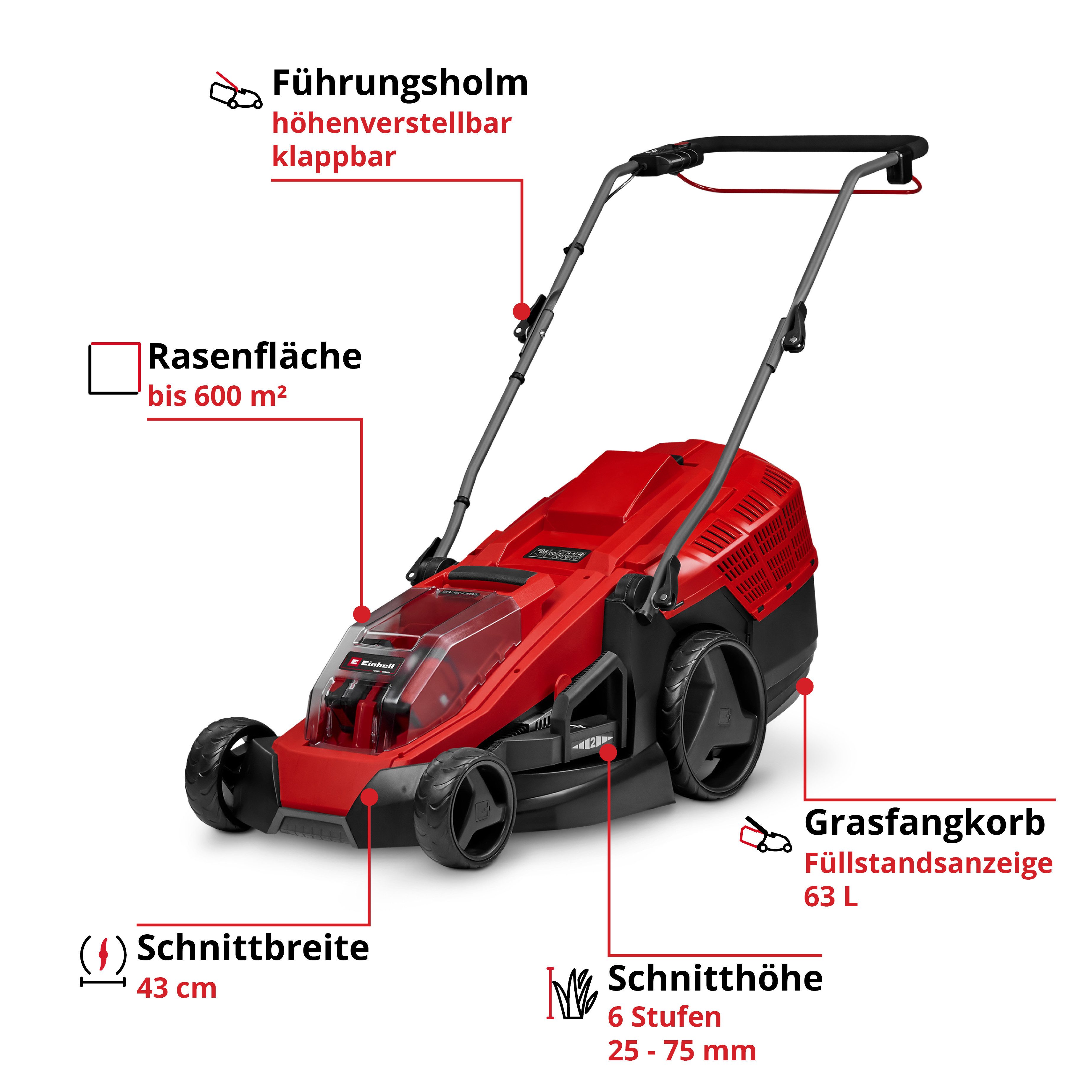 Einhell Akkurasenmäher GE-CM 36/43 Li M (2x4,0Ah), 43 cm Schnittbreite, 2x4,0Ah