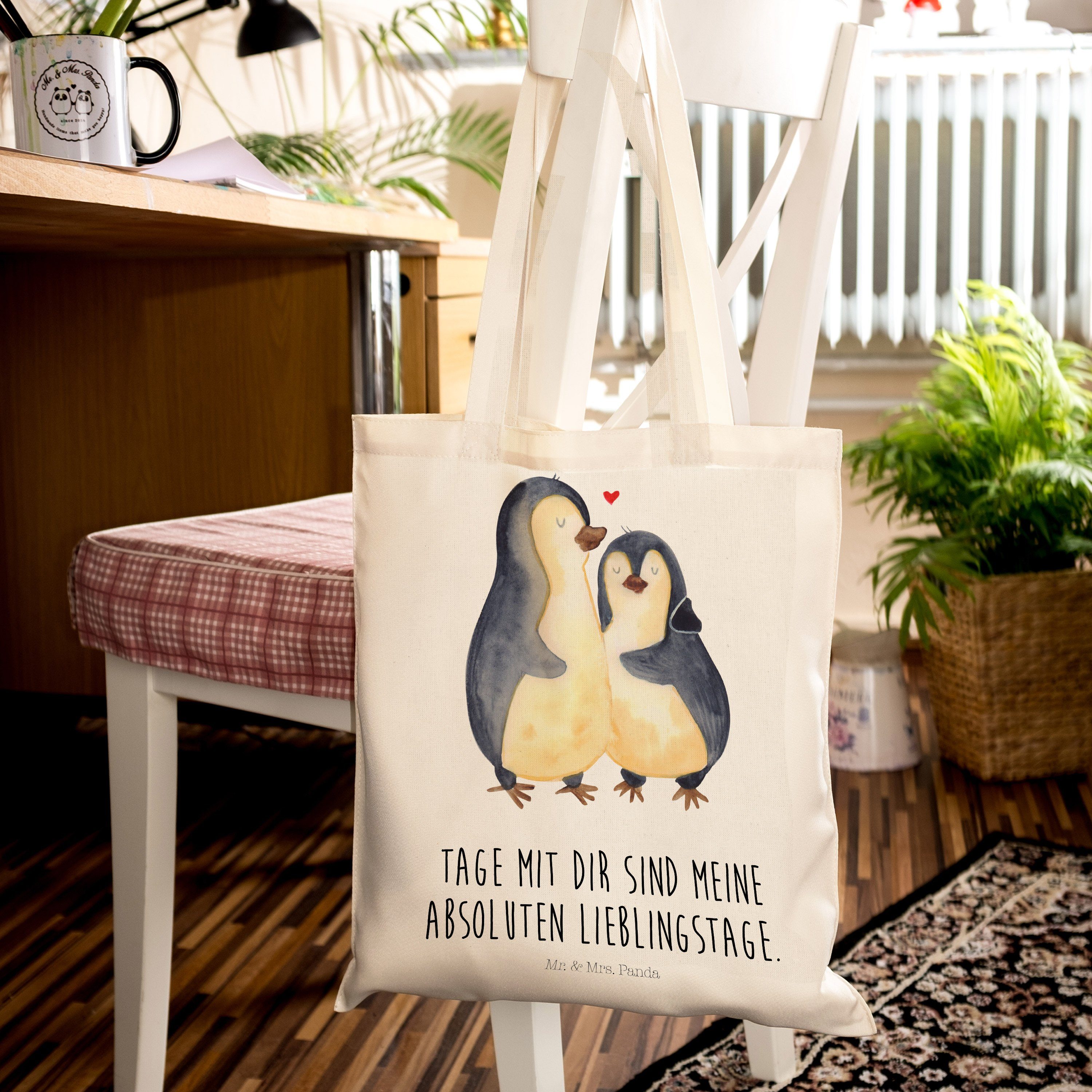 Mr. & Mrs. Panda Tragetasche - Beutel, (1-tlg) Transparent Jutebeutel, Liebe, - Pinguin umarmend Geschenk