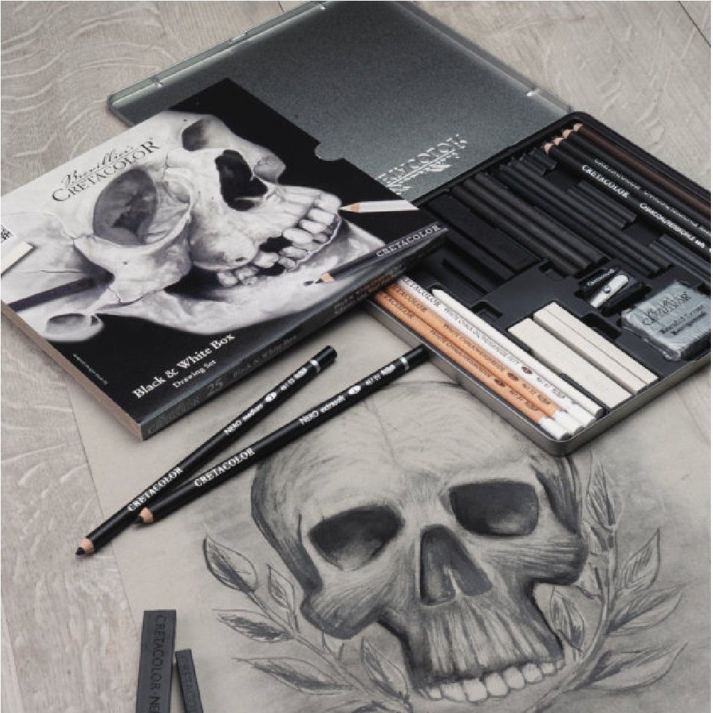Set, Metallbox Black Brevilliers Spezial), inkl. 25-tlg., & weiß, Skull (Zeichen-Set Künstlerset Drawing schwarz Box White Cretacolor Kreativset