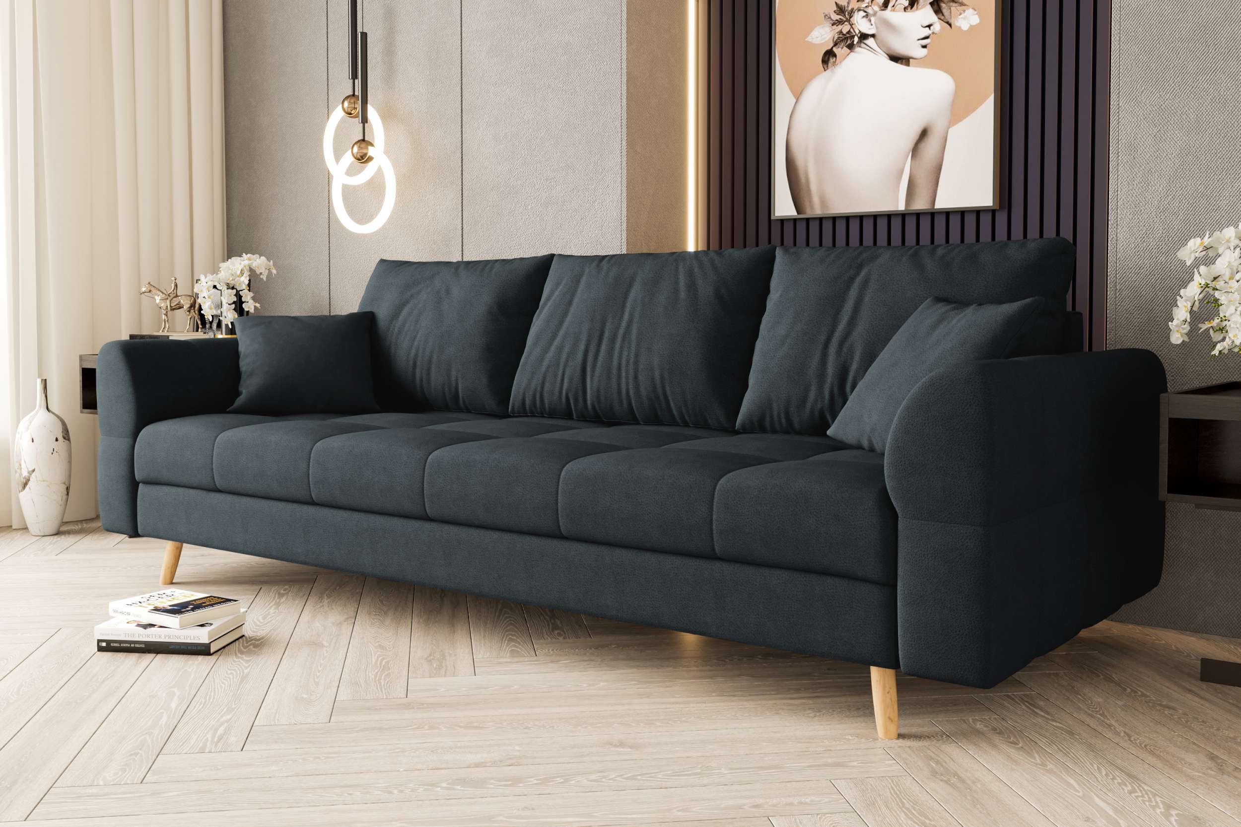 99rooms 3-Sitzer Bello, Sofa, 3-Sitzer Sofa, mit Rundumbezug, 2 Zier- und 3 Rückenkissen, hellbraune Holzfüße