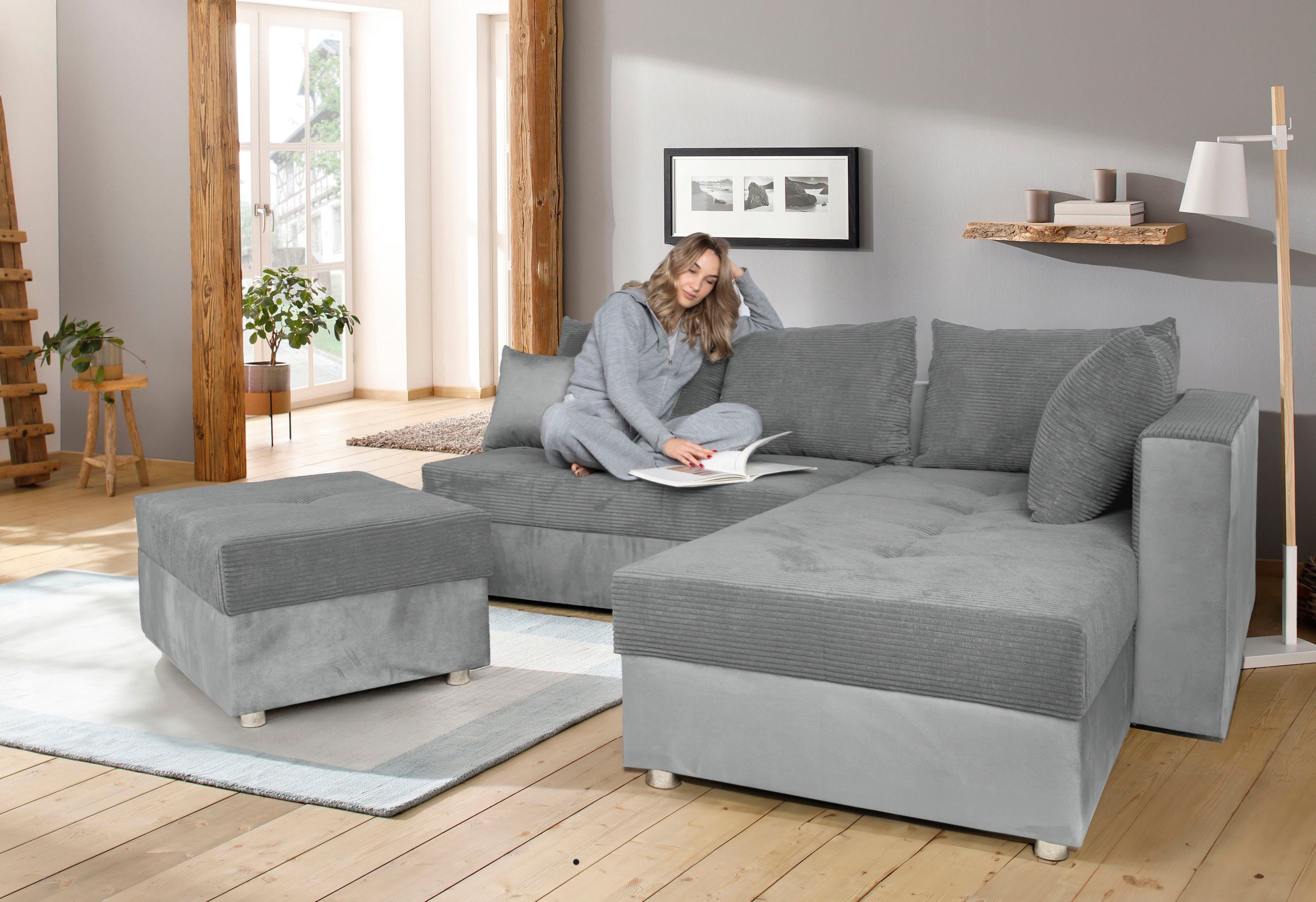 COLLECTION AB Ecksofa 30 Jahre Jubiläums-Modell Italia L-Form, mit Bettfunktion und Bettkasten, in Cord-Samt Mix