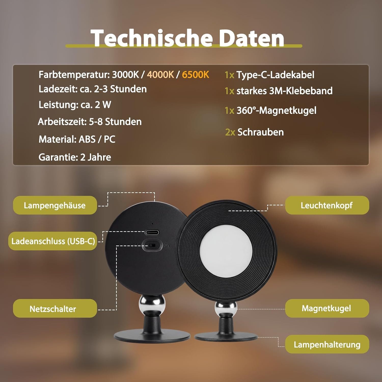 ZMH LED Wandleuchte innen Akku dimmbar Wandlampe Schlafzimmer Flur Mit Fernbedienung, LED fest integriert, Warmweiß-Neutralweiß-Kaltweiß, dimmbar,3 Helligkeitss – Bild 4 von 5