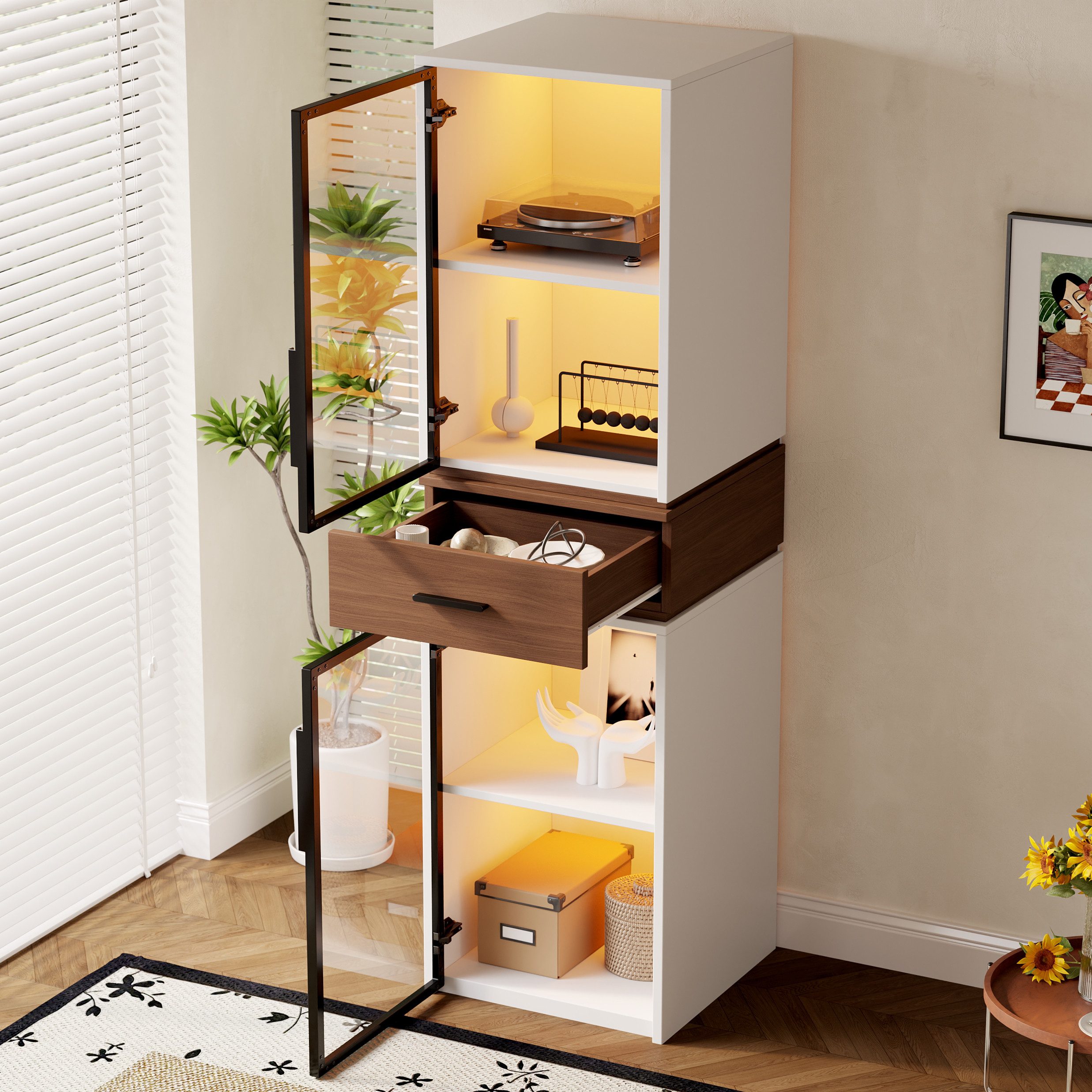 STILVORA Vitrine mit LED-Beleuchtung Hochschrank mit Glastüren und einer Schublade (als Glasvitrine, Bücherschrank oder Präsentationsschrank, Zwei Glastüren aus gehärtetem Sicherheitsglas) für Wohnzimmer, Arbeitszimmer und Essbereiche