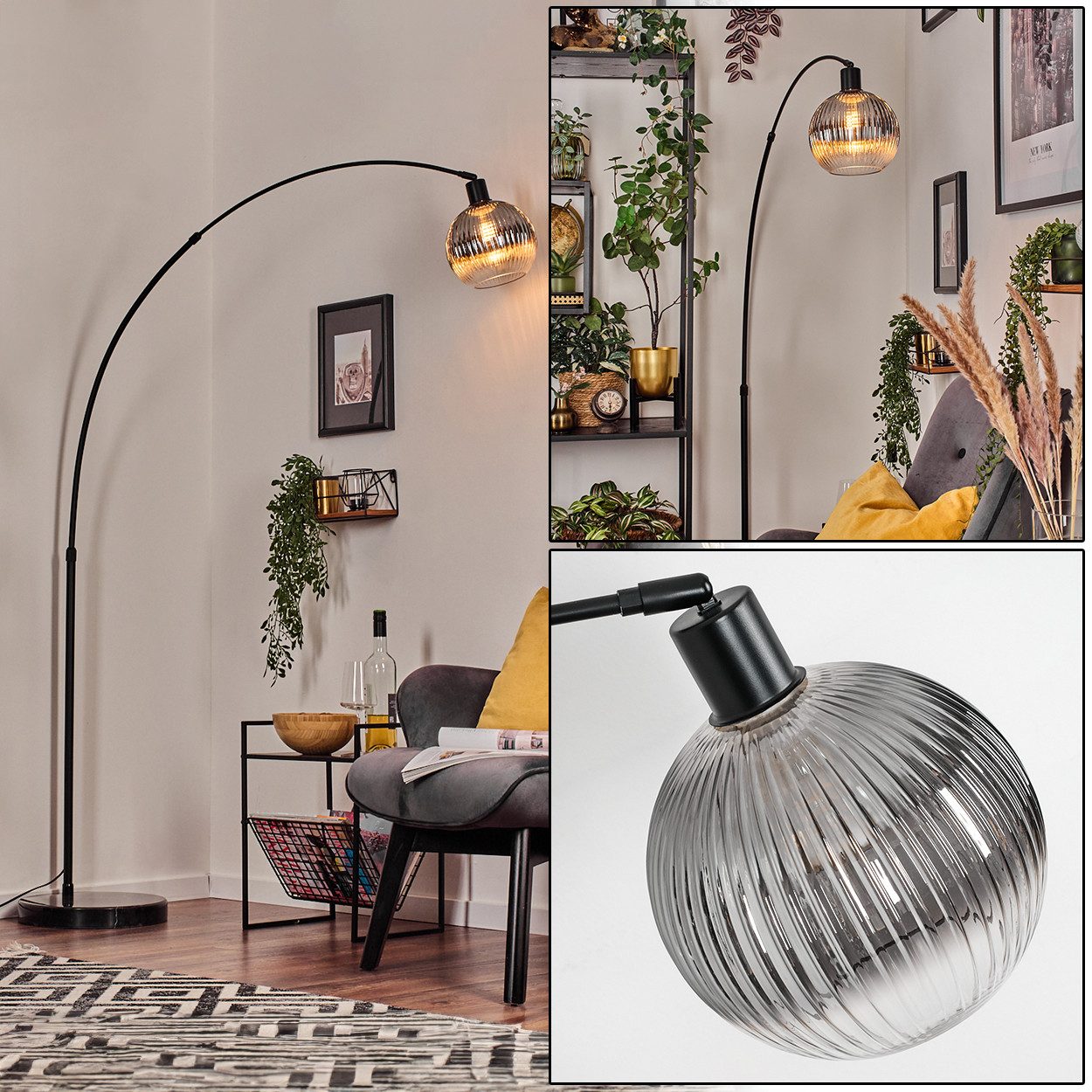 hofstein Bogenlampe Stehlampe mit Marmorfuß aus Metall/Riffelglas in Schwarz/Rauch/Klar, verstellbare Stehleuchte im Retro/Vintage, Ø 20 cm, Fußschalter, E27