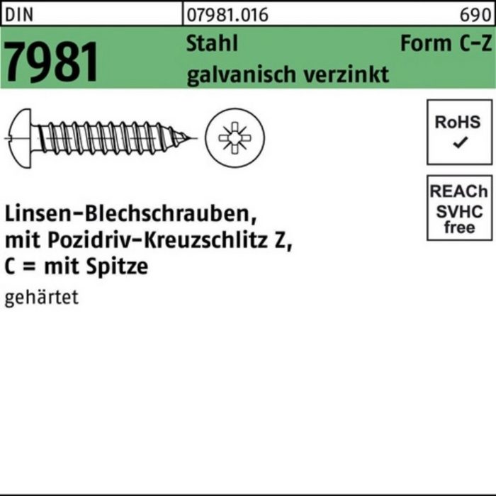 Reyher Blechschraube 250er Pack Blechschraube DIN 7981 LIKO PZ 4 8x 70 -C-Z Stahl galv.verz