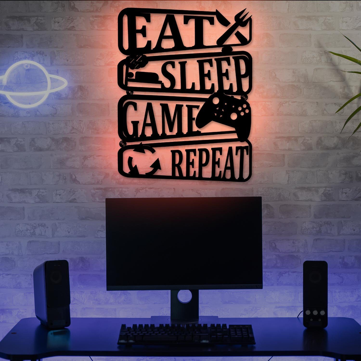 Wohnzimmer Leuchte Wanddekoobjekt Gamer USB mit Eat Farbwechsel, RGB - Sleep LED Licht Dunkelblau Repeat integriert, Dekolicht Namofactur fest mit Fernbedienung Wanddeko Game Farbwechsel, LED RGB