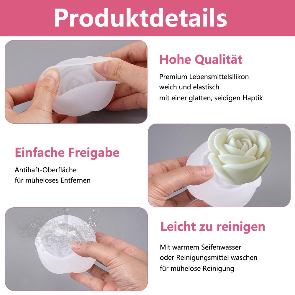 FOUORTUNATE-BEE Silikonform 3 Stück Silikonform Rose Kerzen Formen Silikonform Blumen, (3-tlg), für handgefertigte Duftkerzen, Seifen, Gips- und Harzhandwerk