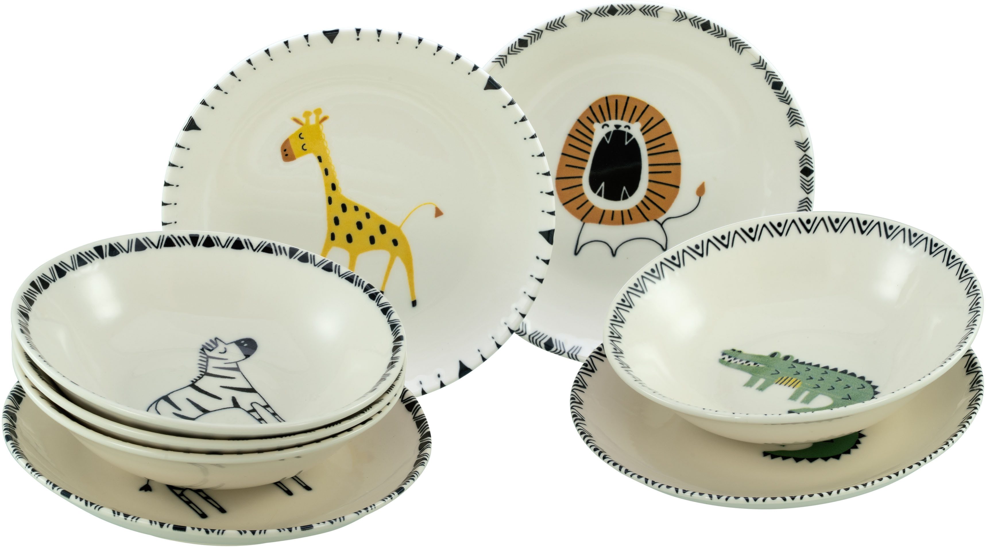 CreaTable Teller-Set Safari Bunt, Teller Set 8-tlg. (8-tlg), 4 Personen, Steinzeug, gezeichnete Tiermotive, skandinavischer Stil, Ethno-Style Motive