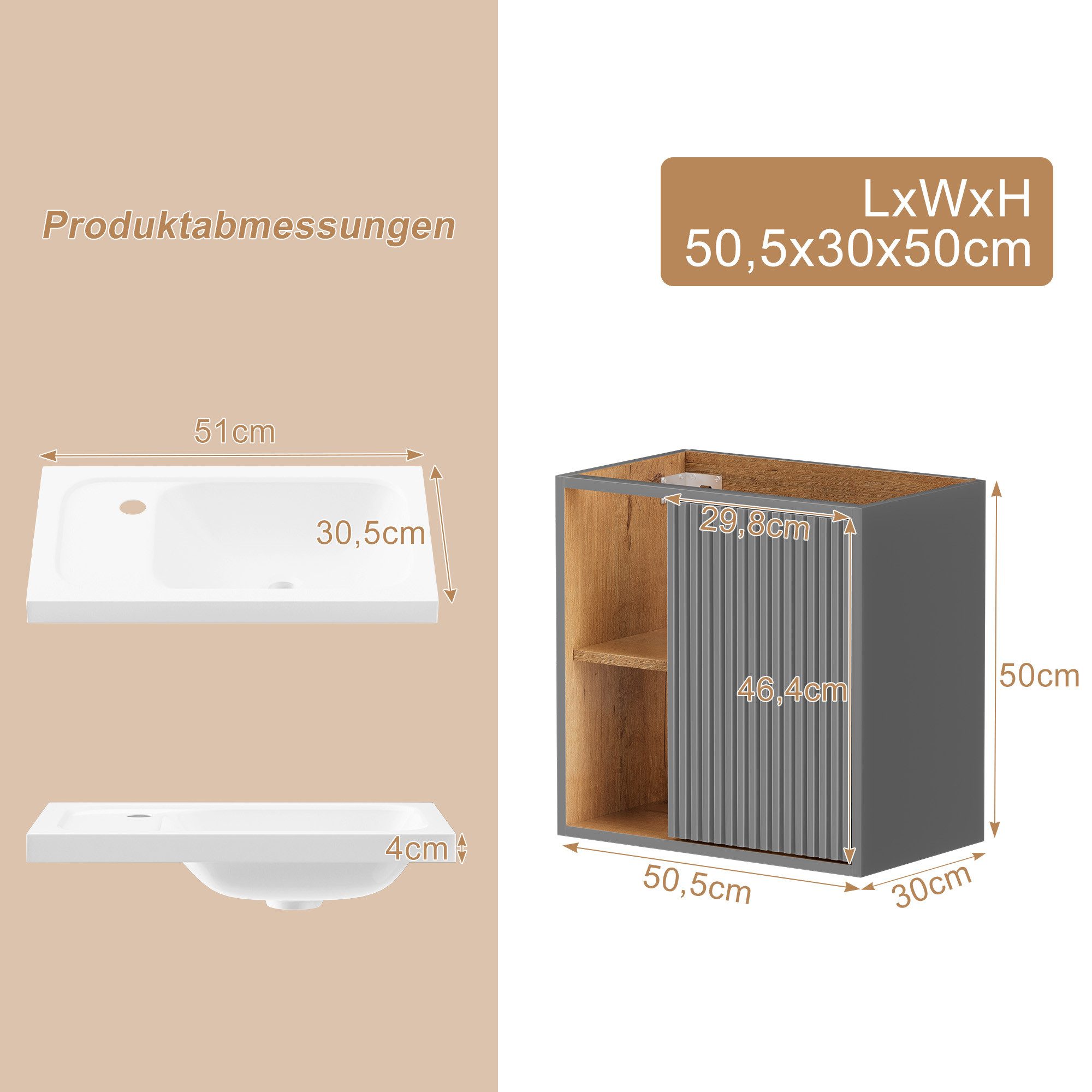 UEV Waschtisch klein Waschbecken mit Unterschrank set Badmöbel Gäste-WC (Breit 50cm, Komplett-Set, Badezimmmer Schrank für Gäste WC, Unterschrank mit Harzbecken – Bild 5 von 5