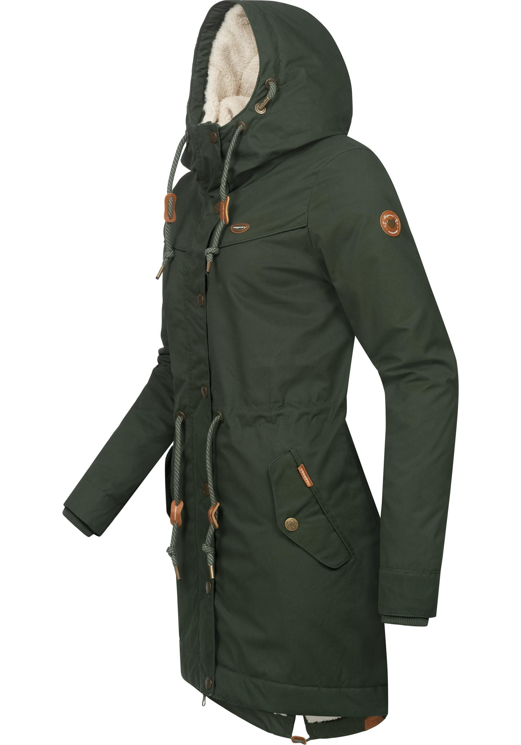 Ragwear Winterjacke YM-Canny stylischer flaschengrün Kurzmantel Damen Kapuze mit Parka