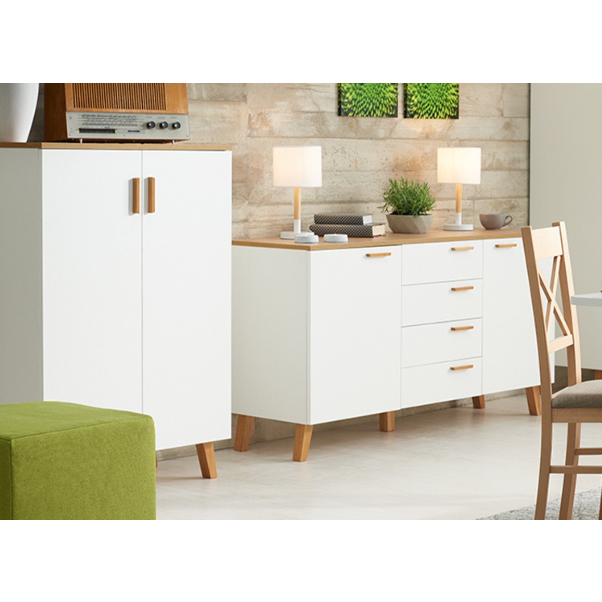 KONSIMO® Kommode FRISK Türkommoden Hochbeinige Kommode, Eichenholzbeine, Skandinavischer Stil, 2 Türen