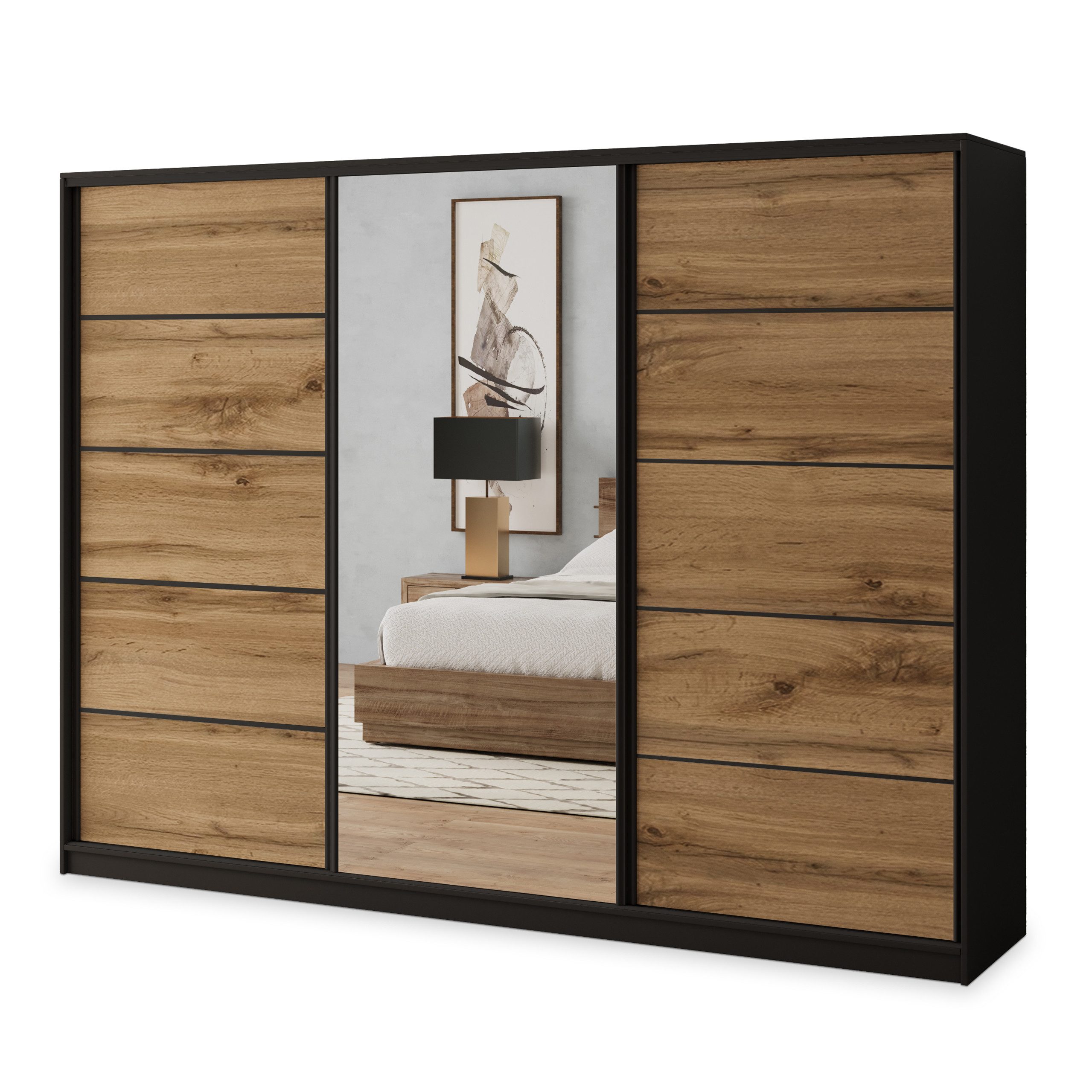 Masseno Schwebetürenschrank NATA Kleiderschrank mit Spiegel und Schubladen Schlafzimmerschrank
