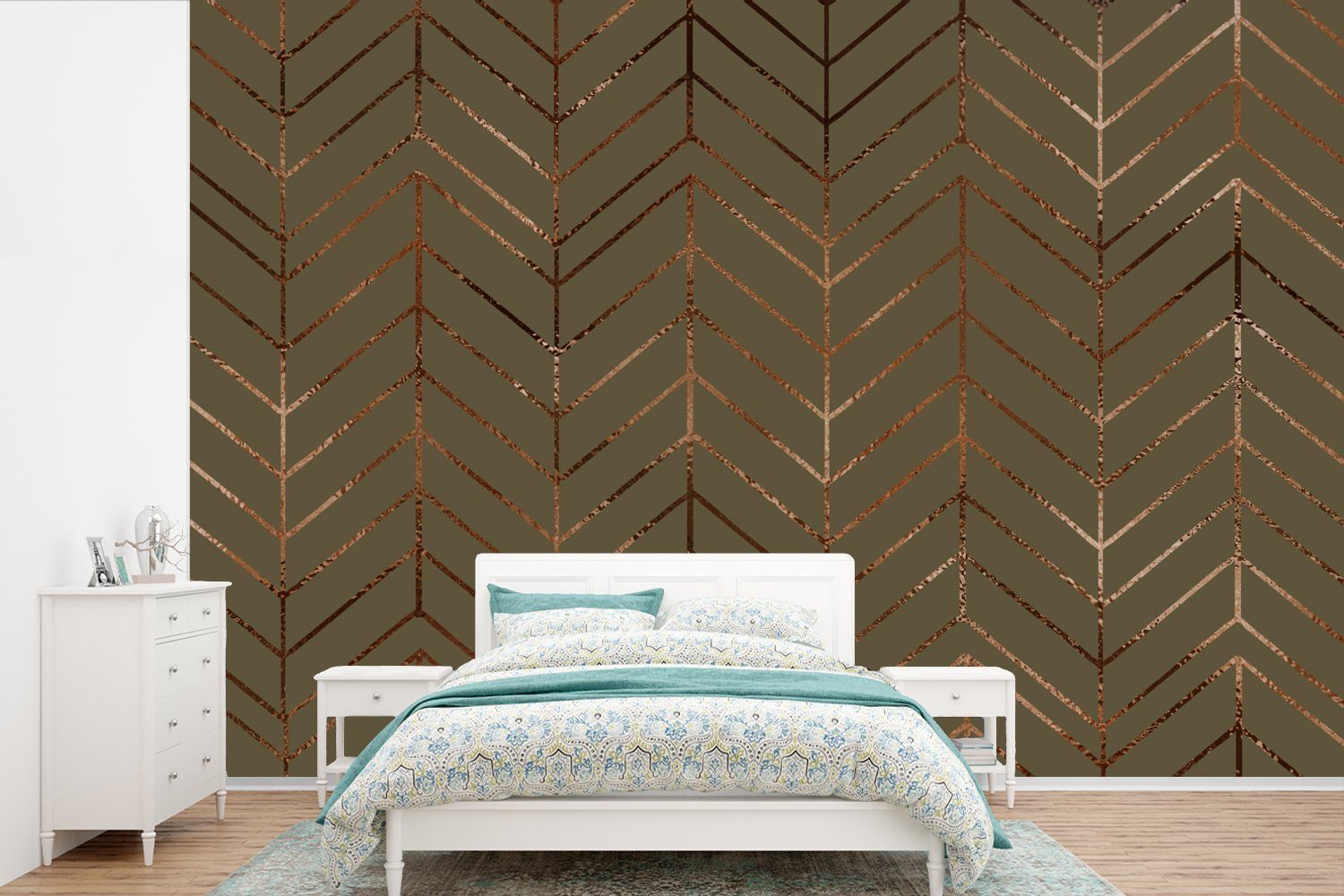 - für bedruckt, - Schlafzimmer, Tapete Muster Kinderzimmer, Wallpaper - (6 St), MuchoWow Matt, Linie Vinyl Fototapete Luxus, Bronze Wohnzimmer,