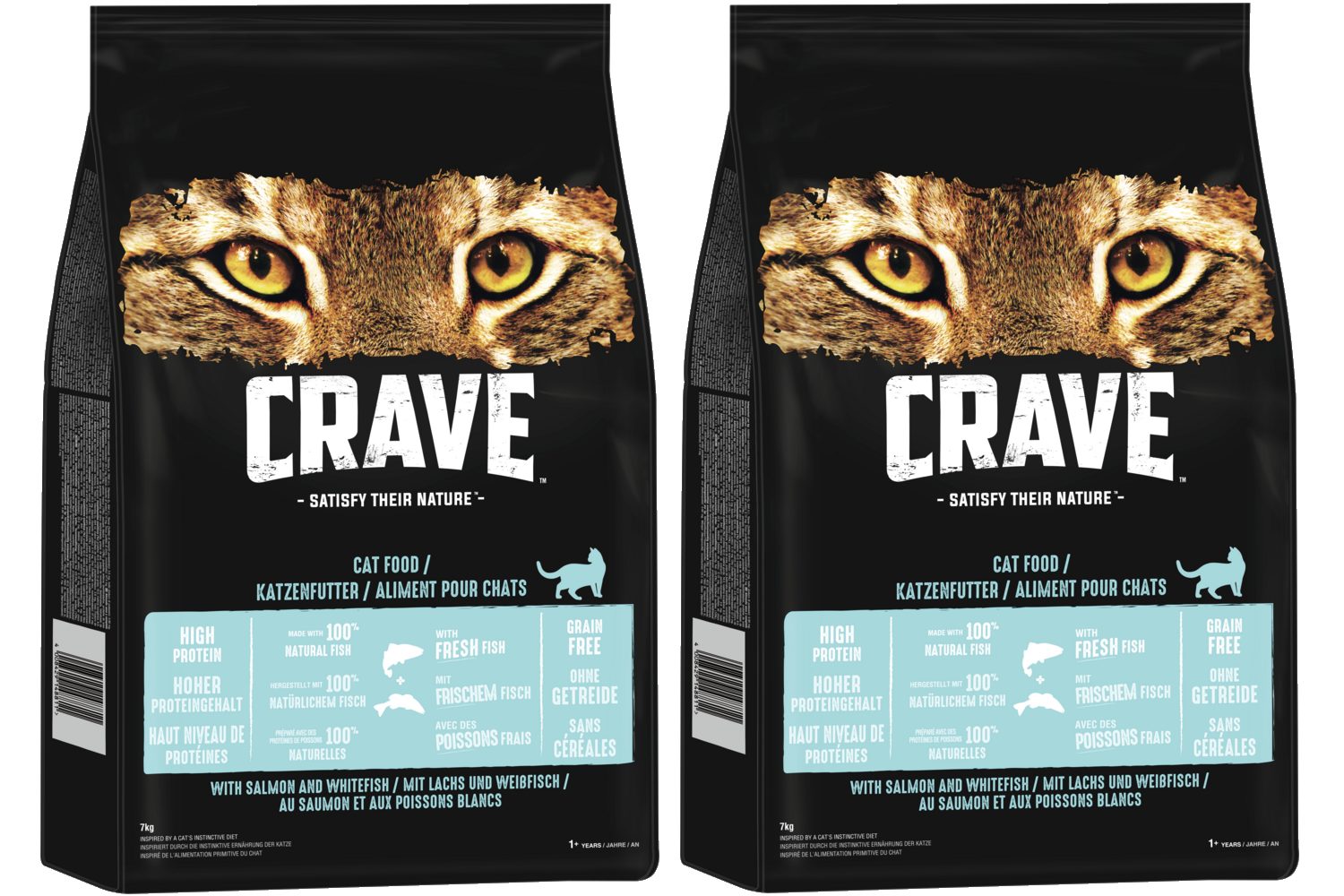 CRAVE CRAVE™ Katze Beutel mit Lachs und Weißfisch 2 x 7kg, Trockenfutter für: Katze