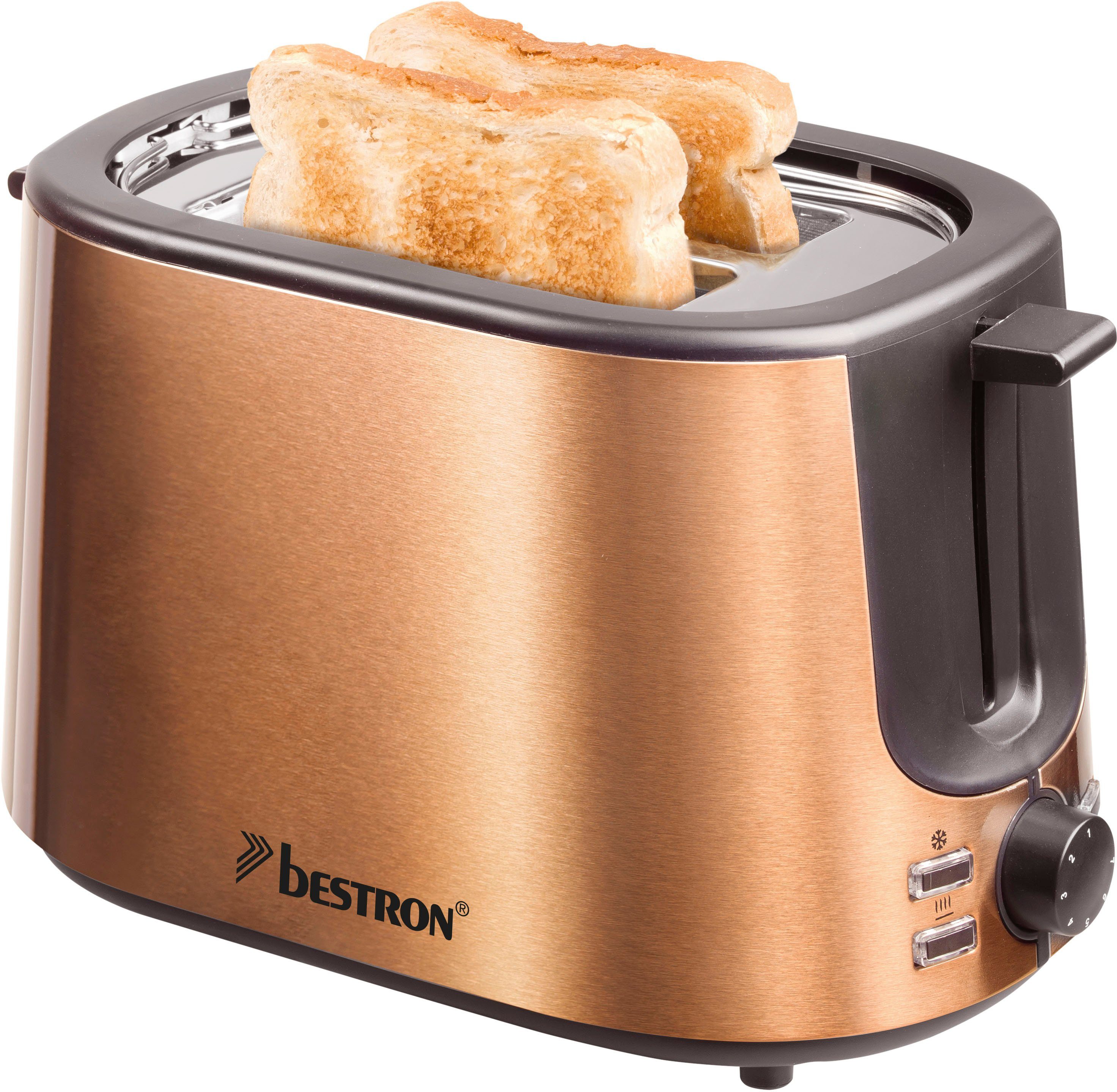 bestron Toaster ATS1000CO, 2 kurze Schlitze, für 2 Scheiben, 1000 W, Krümelschublade und Brötchen-Röstaufsatz, Edelstahl in Kupfer-Optik | Langschlitztoaster