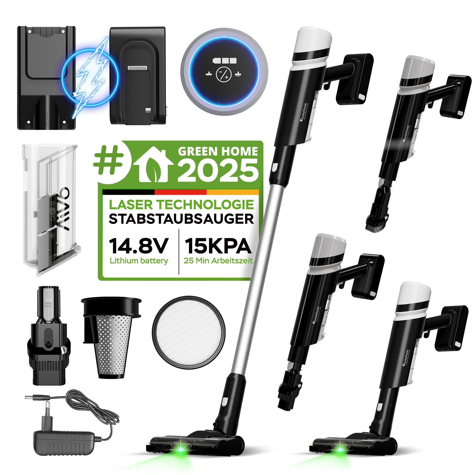 TurboTronic by Z-Line Akku-Hand-und Стальной пылесос 15 kPa mit grünem Laserlicht kabellos 120W beutellos, 120 W, beutellos, 2in1 Ручные пылесосы für Boden Teppich Möbel mit Zubehör Wandhalterung
