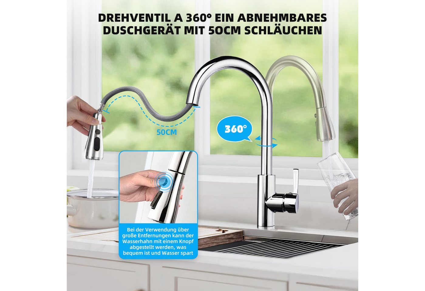Thumbnail - Hiazurm Spültischarmatur Küchenarmatur,Hochdruck Wasserhahn Küche Ausziehbar (3 Wasserstrahlarten) Küchenarmatur mit Bra...