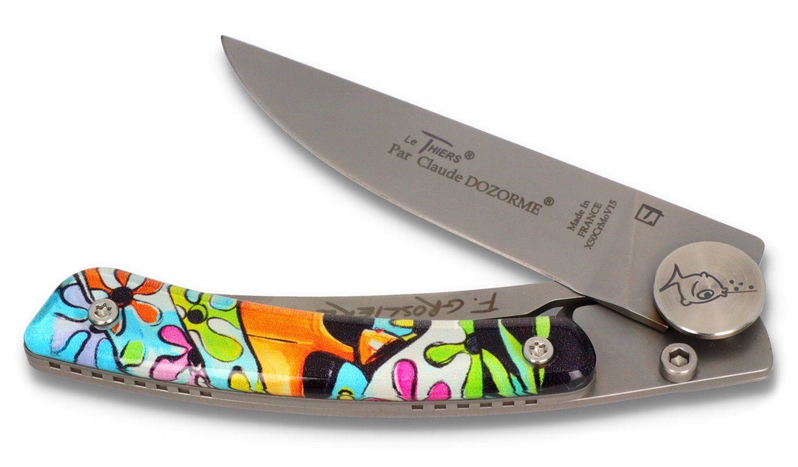 Claude Dozorme Taschenmesser 1.90.142.FGP1.1, "Groslière No. 1" - Griff 10.5cm Acryl - Clip - LinerLock - Stahl matt