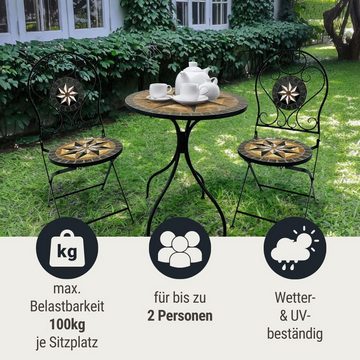 Wohnando Garten-Essgruppe Bistroset "Casper", Metalltisch, Metallmöbel, schwarz, Mosaik-Design, (3-tlg), bestehend aus 2 Stühlen und 1 Tisch, Braun Mix