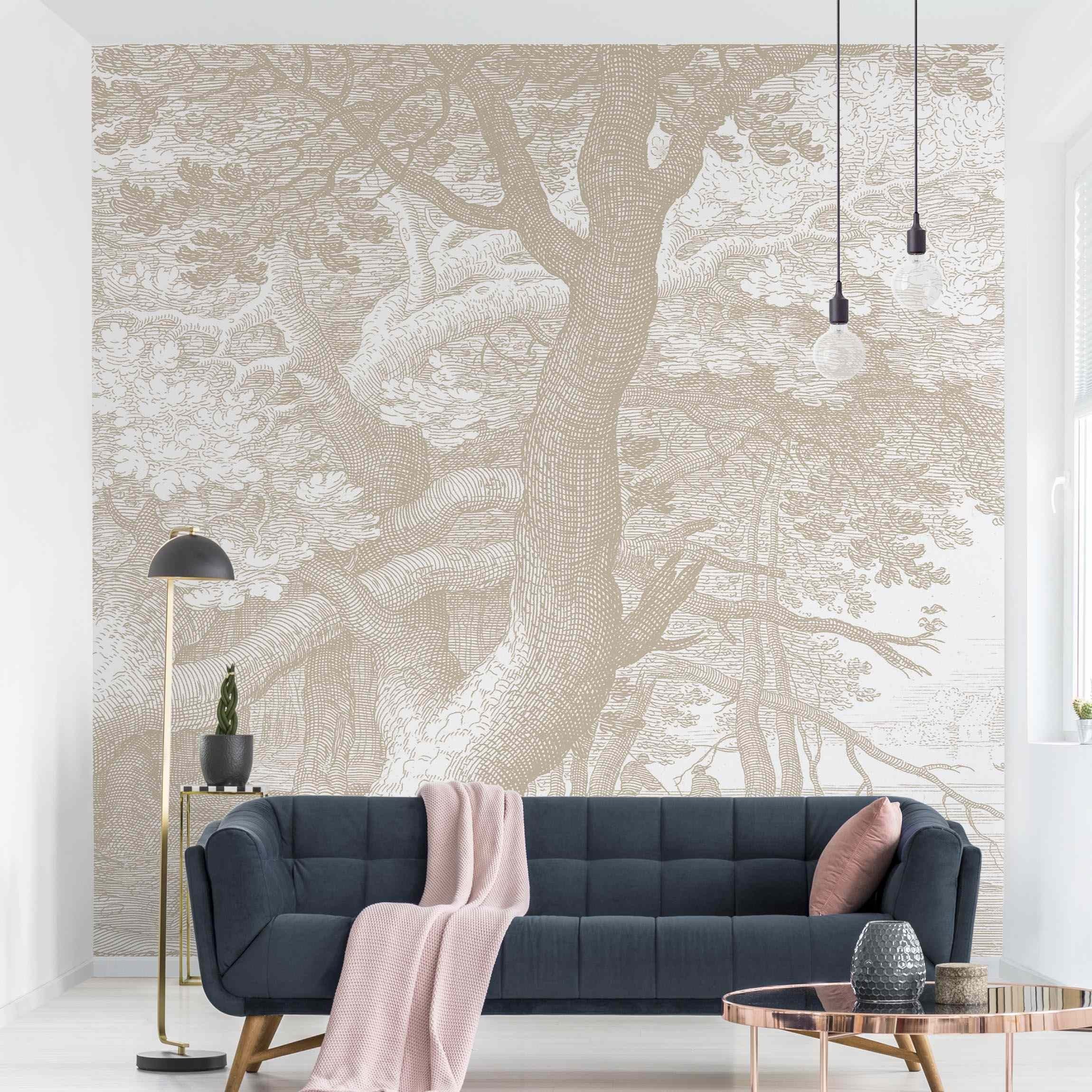 Bilderdepot24 Vliestapete Vintage Wald Kupferstich Beige Baum Natur Landschaft Kunst Wanddeko, Glatt, Matt, (Vliestapete inkl. Kleister oder selbstklebend), Wohnzimmer Schlafzimmer Küche Flur Fototapete Motivtapete Wandtapete