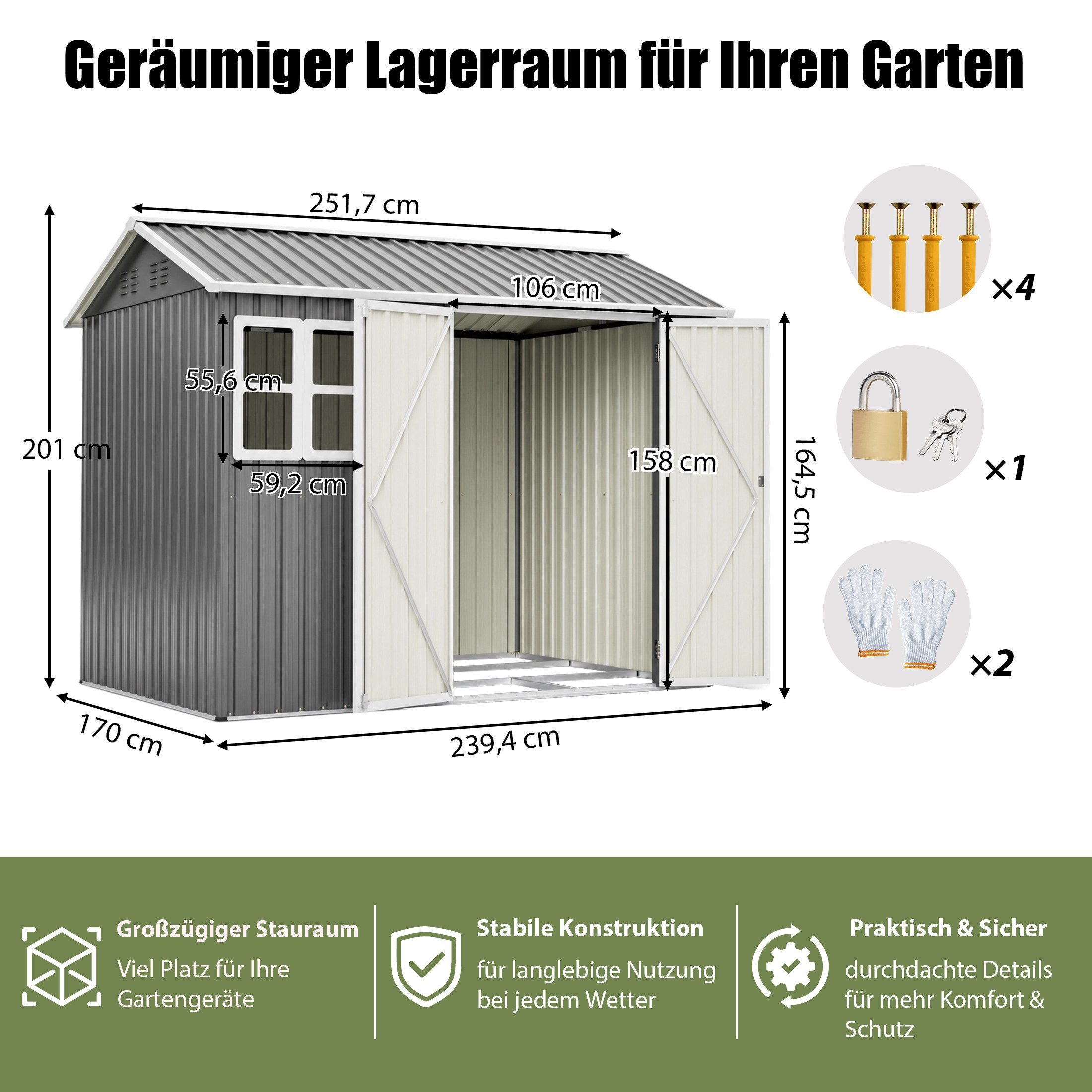Thanaddo Gartenhaus Gartenhaus aus Metall mit Fenstern, (Metallhütte (8 x 6 Fuß), 251×180×201cm) – Bild 2 von 5