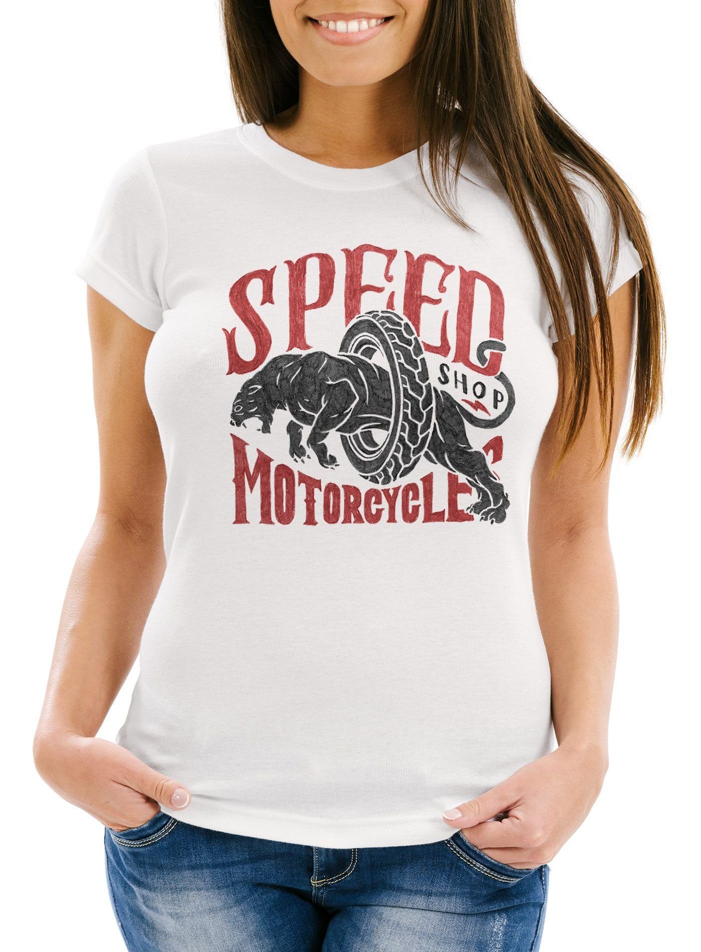 Neverless Print-Shirt Damen T-Shirt Motorrad Biker Vintage Retro Slim Fit Neverless® mit Print weiß