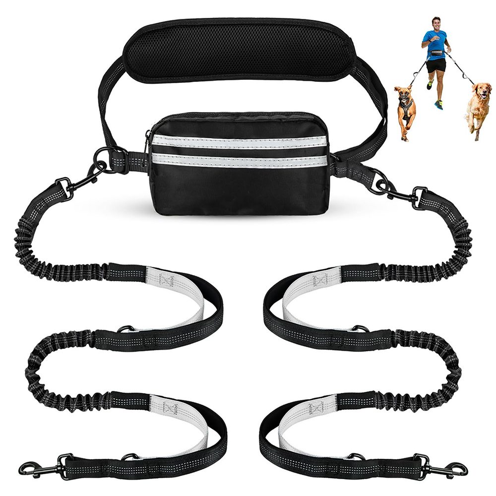 Ledander Joggingleine Hunde mit Bauchgurt,mit Leine für mittelgroße und große Hunde, Doppel-Leinen-Set, Joggingleine Freihändige,Leine Hund mit Gürteltasche, Reflektierend