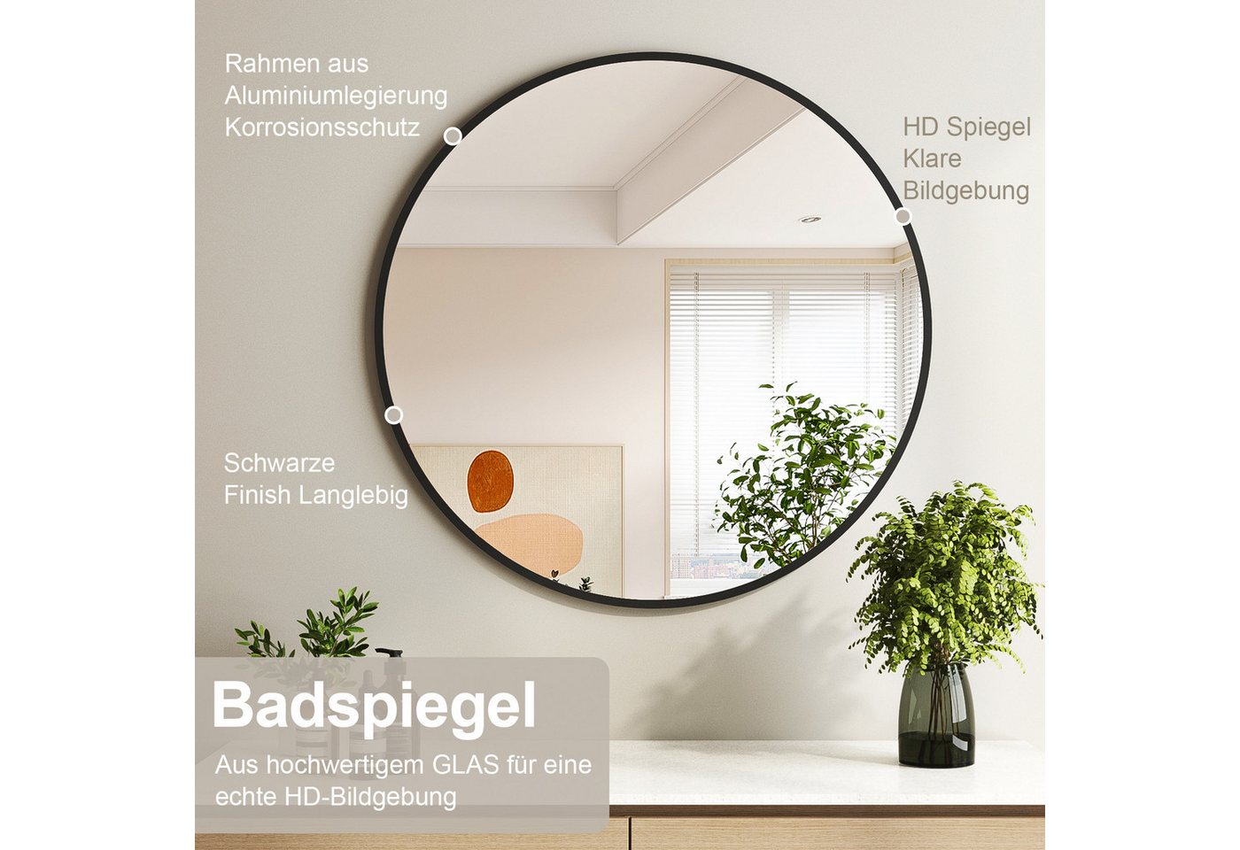 Thumbnail - Hopibath Badspiegel mit Alurahmen Wandspiegel Schwarz (Rund, Ø80/70/60/50/40cm), 5mm Glas, Umweltschutz, Explosionsgesch...