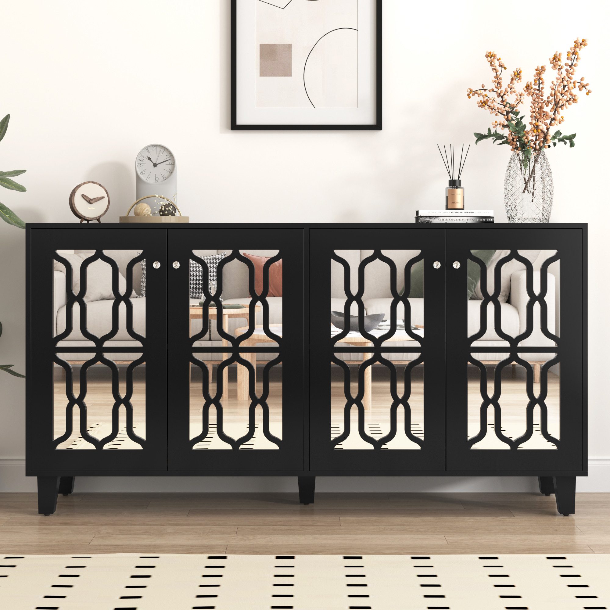OYRREU Anrichte Sideboard mit 4 verspiegelten Türen & Kristallgriffen, 160 cm, Breite 160cm