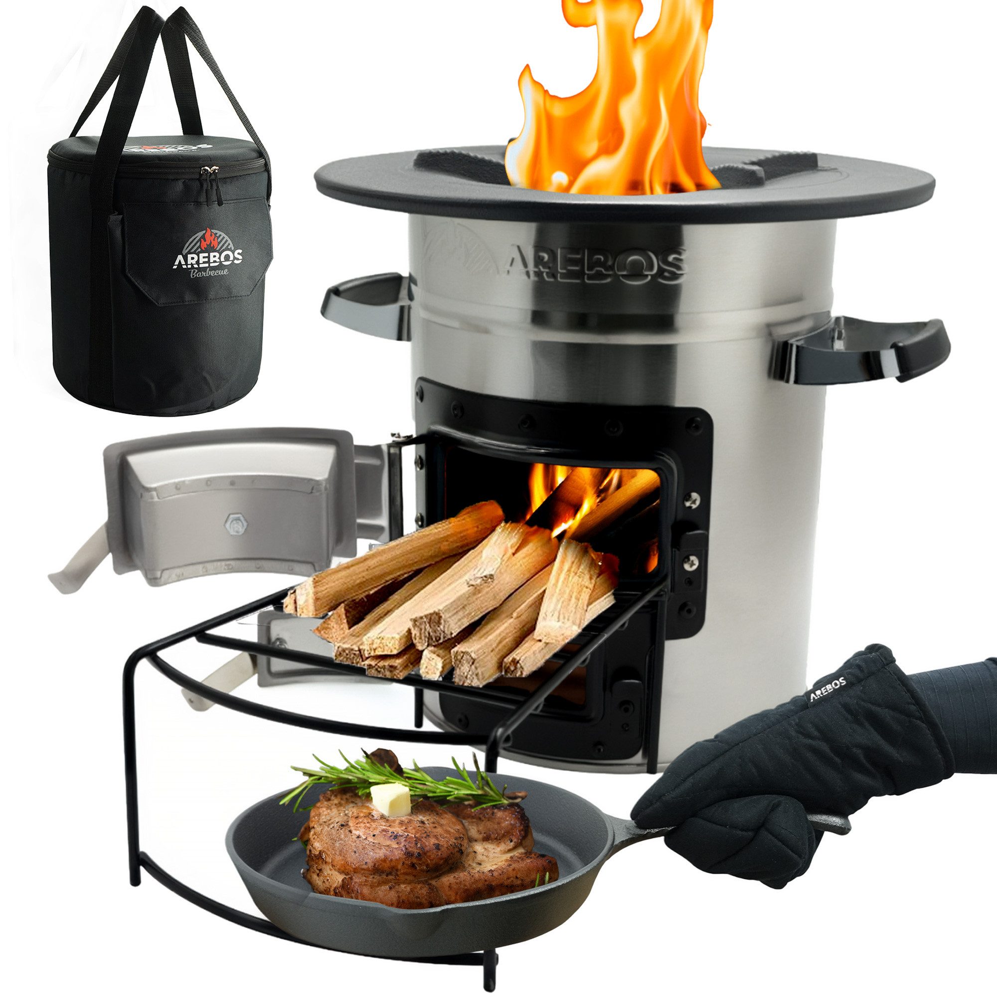 Arebos Feuerstelle Raketenofen inkl. Grillpfanne Dutch Oven BBQ, (Set), Inkl.Tragetasche,Schutzhandschuhe,Gusseisen-Pfanne & Brennholzgestell