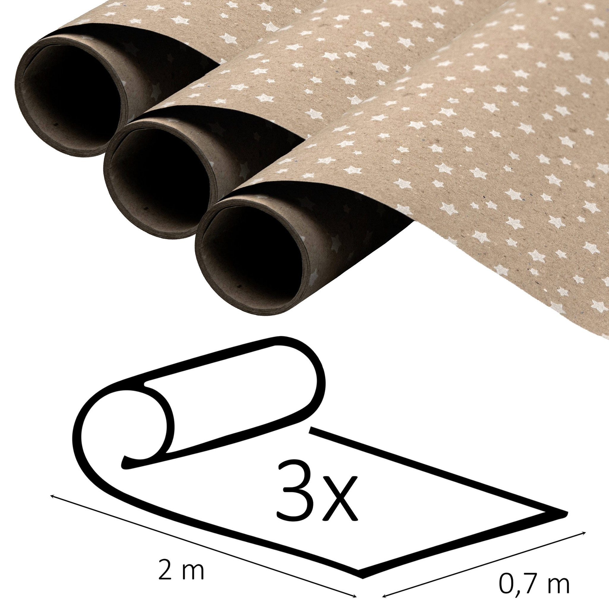 maDDma Geschenkpapier 3 Rolle Geschenkpapier für Weihnachten natur 0,7x2m Dekopapier, Weihnachten 3