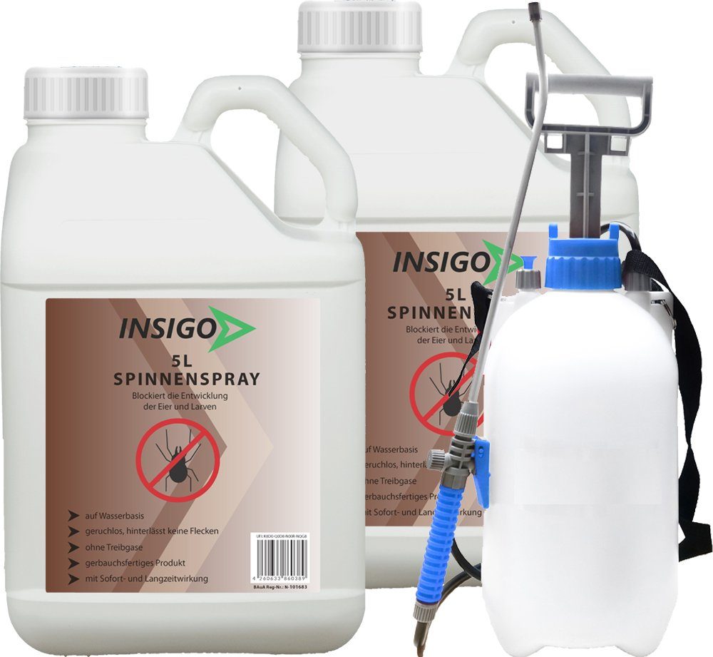 INSIGO Insektenspray Spinnen-Spray Hochwirksam gegen Spinnen, 10 l, auf Wasserbasis, geruchsarm, brennt / ätzt nicht, mit Langzeitwirkung