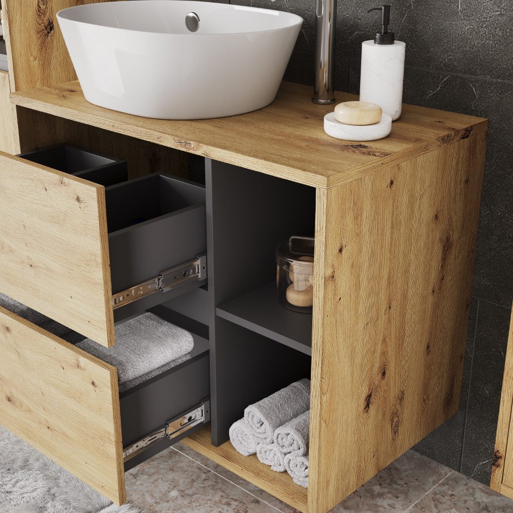 Vicco Waschbeckenunterschrank Viola, Artisan/Grau, 80 x 60 cm mit 2 Schubladen