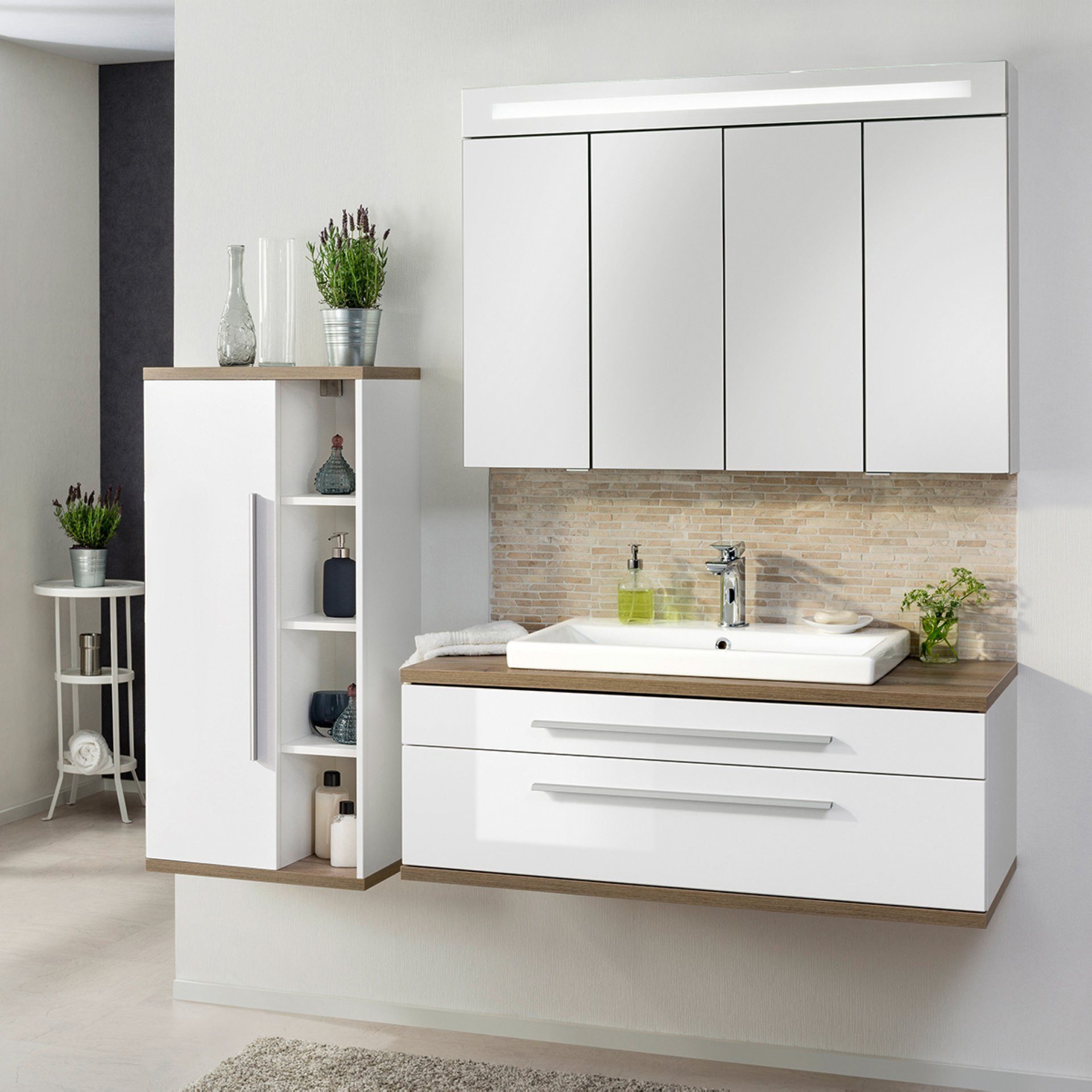 FACKELMANN Badmöbel-Set STANFORD 110 cm breit, Weiß, Keramik+Spiegelschrank+Midischrank