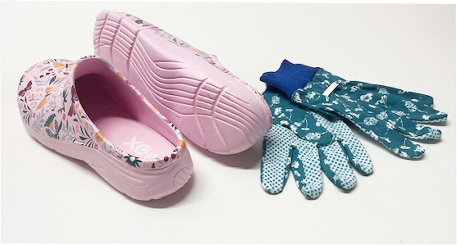 Steinnacher Bärbel Damen Gartenclogs Schmetterling rosa mit passenden Gartenhandschuhen Clog