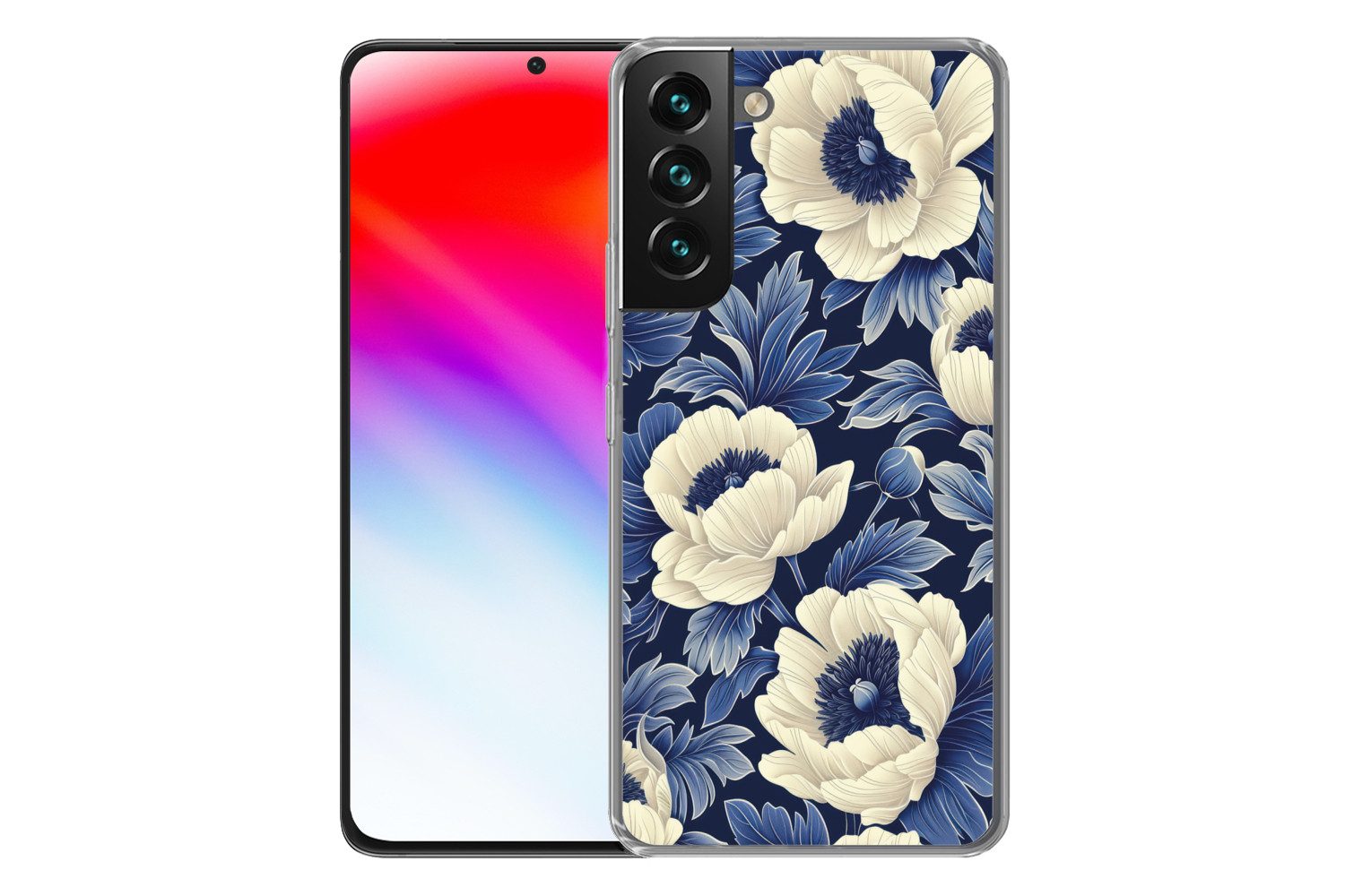 MuchoWow Handyhülle für Samsung Galaxy S22 Plus Blumen - Muster - Blau - Weiß, Phone Case, Silikon, Schutzhülle Dünn