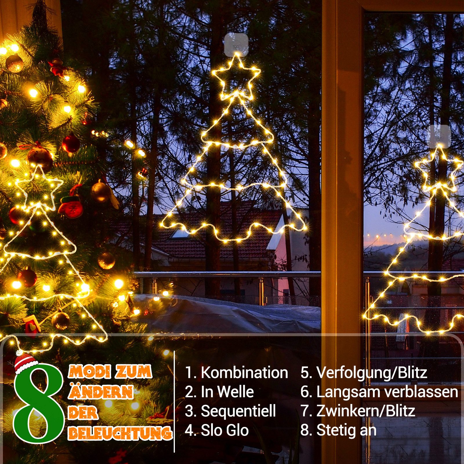 Quntis LED-Lichterkette Lichtervorhang weihnachtsdeko fenster, weihnachtsbaum mit beleuchtung, 8 Modi mit Timer IP44 Batteriebetrieben Innen Außen Fensterdeko – Bild 4 von 5