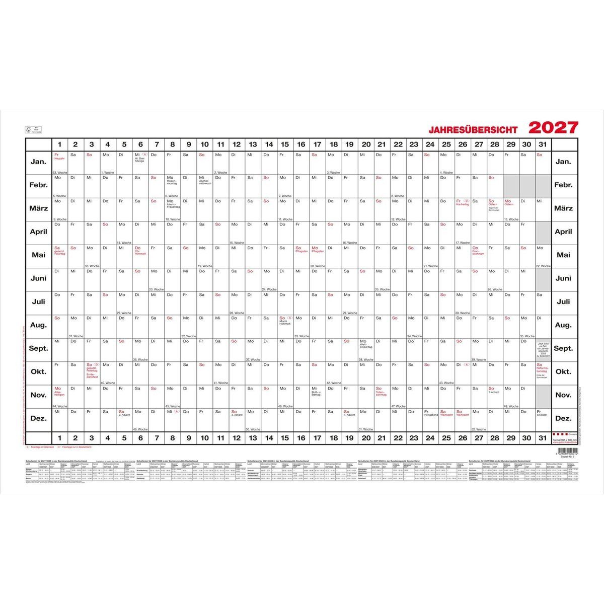 GÜSS Kalender Jahresplaner Jahresübersicht 60x40cm quer Kalendarium 2027