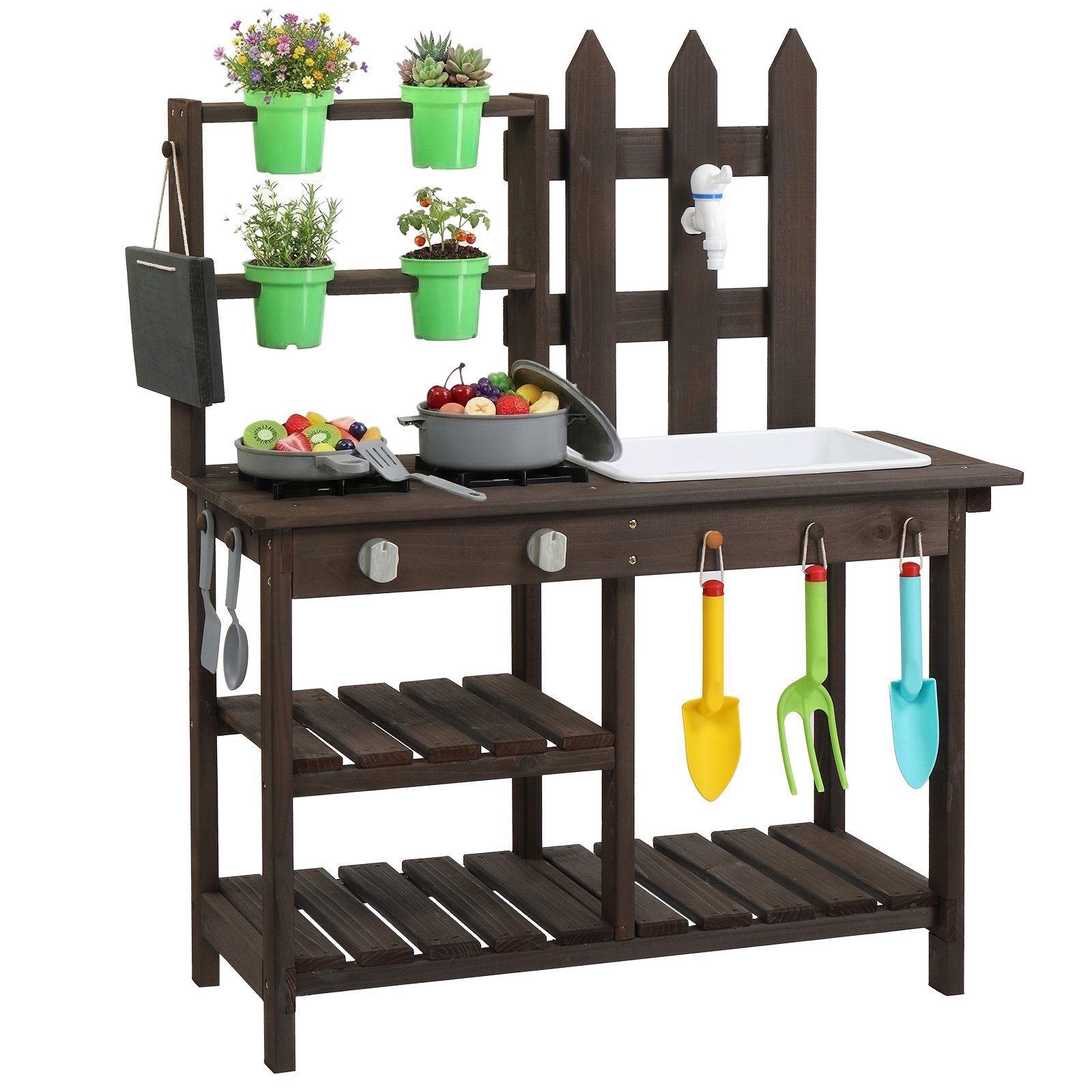 LALAHO Outdoor-Spielküche Holz Matschküche mit Pflanzentöpfen & Werkzeugen, Spielküche Für Garten, Balkon & Kinderzimmer geeignet