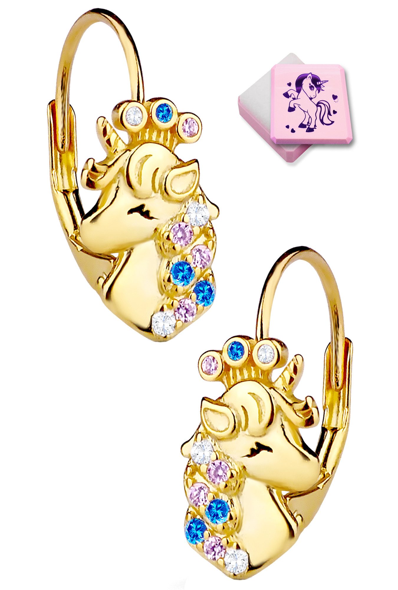 Limana Paar Creolen Zauberhafte Einhorn Mädchen Ohrringe 925 Silber gold bunte Zirkonia (Kinder Schmuck Geschenk inkl. Dose), Geburtstag Einschulung Weihnachten Ostern Schulanfang