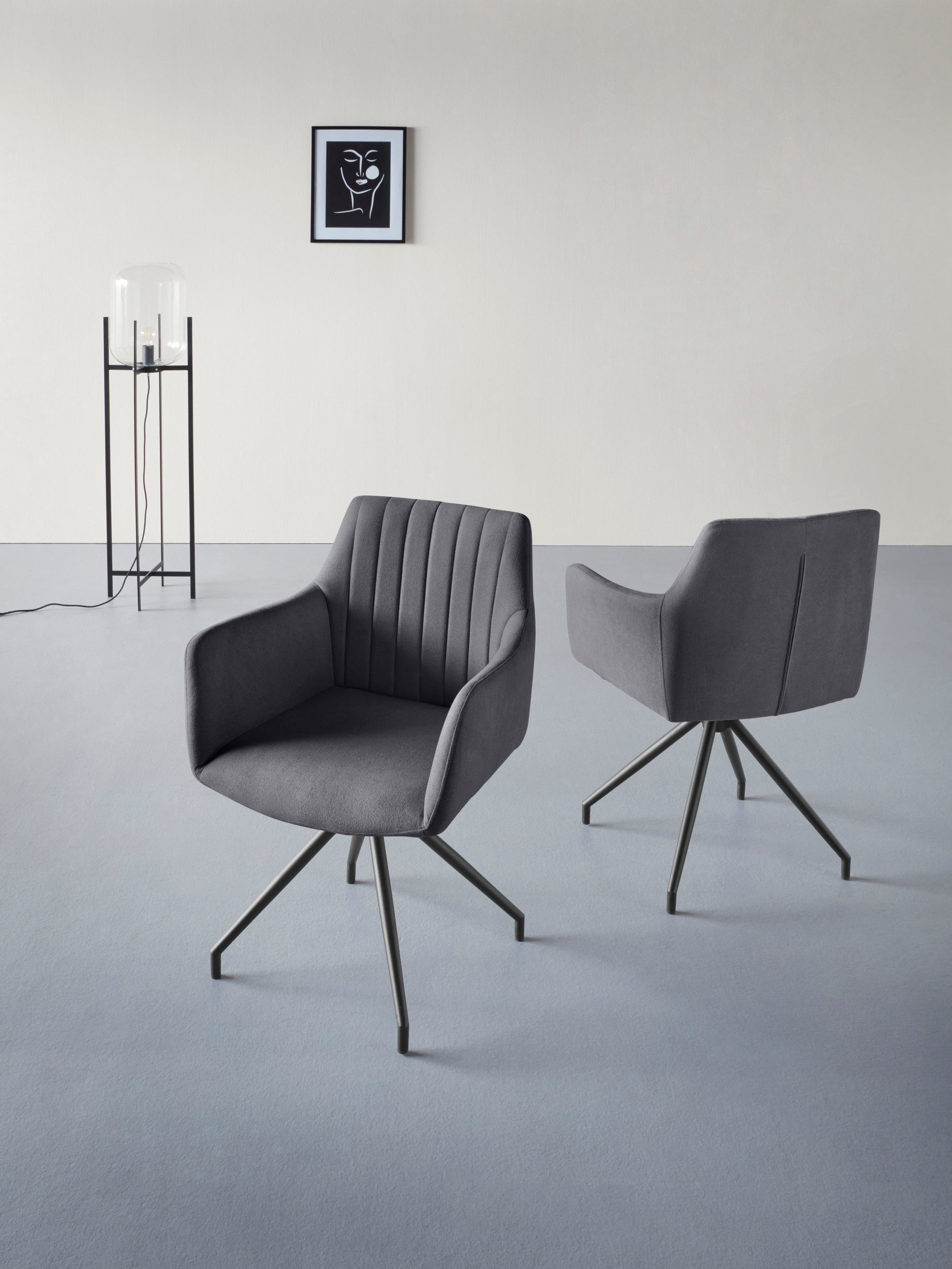 loft24 Esszimmerstuhl Dagmar - Esszimmersessel Küchenstuhl Drehstuhl Polsterstuhl (Set, 2 St), Armlehnstuhl mit 360° Drehfunktion, Metallgestell, modernes Design